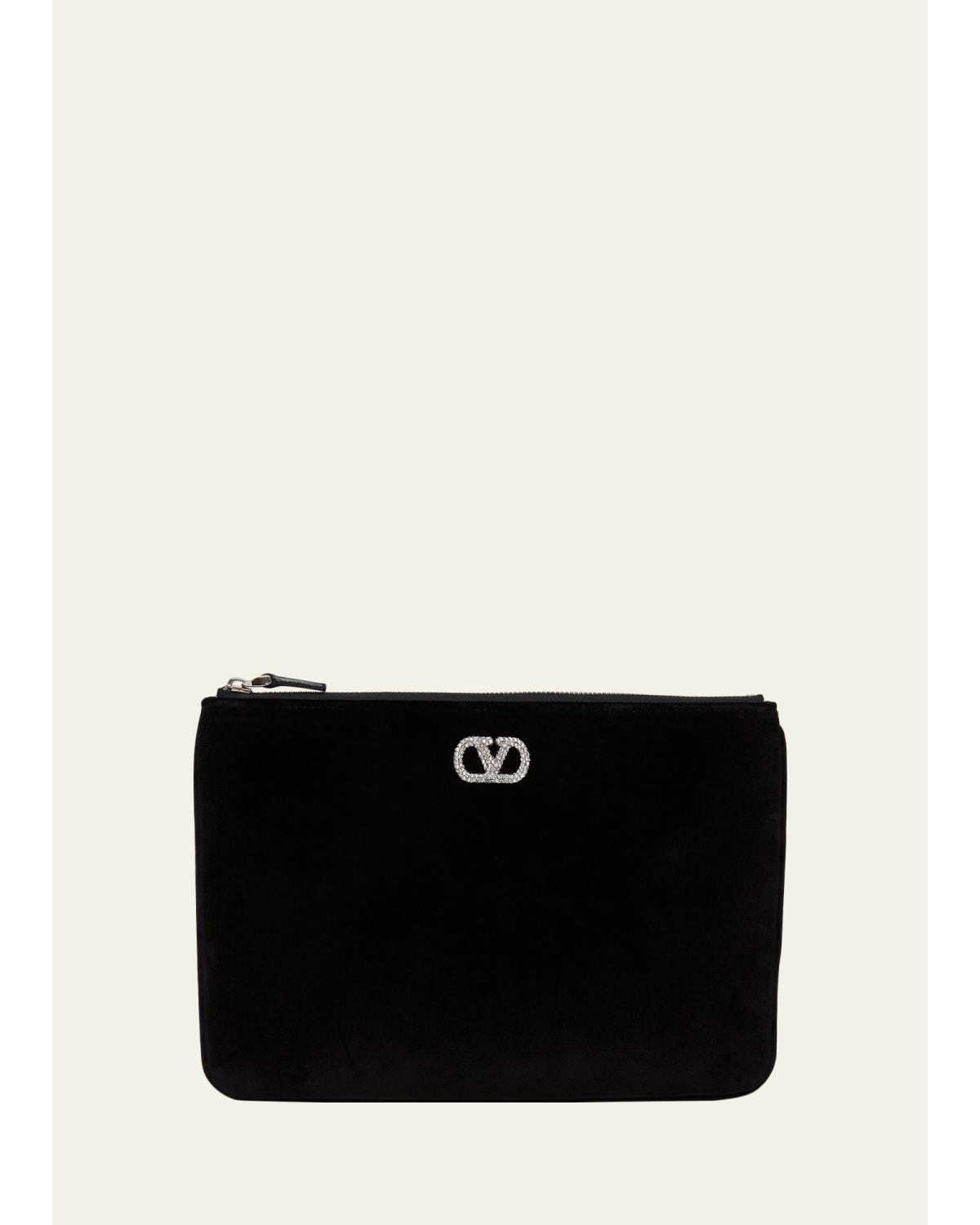 Medium Crystal VLogo Velvety Flat Pouch Bag