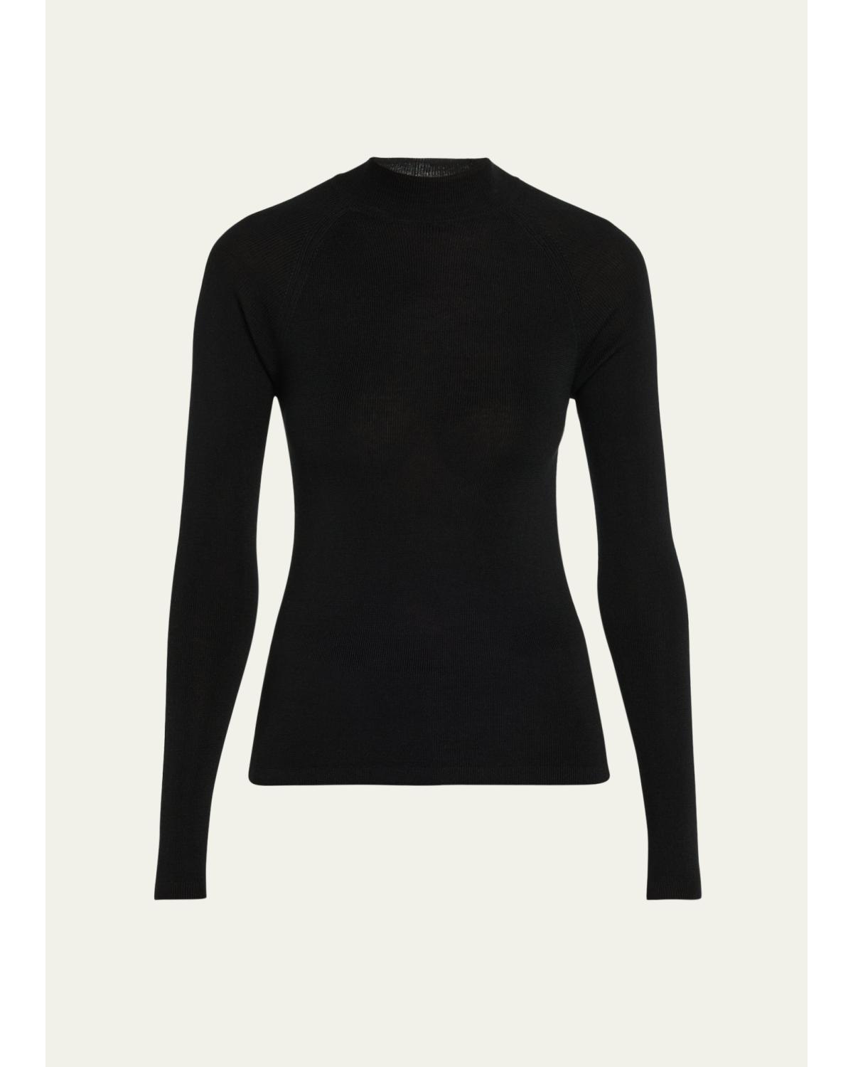 Mock-Neck Merino Silk Micro Rib Knit T-Shirt