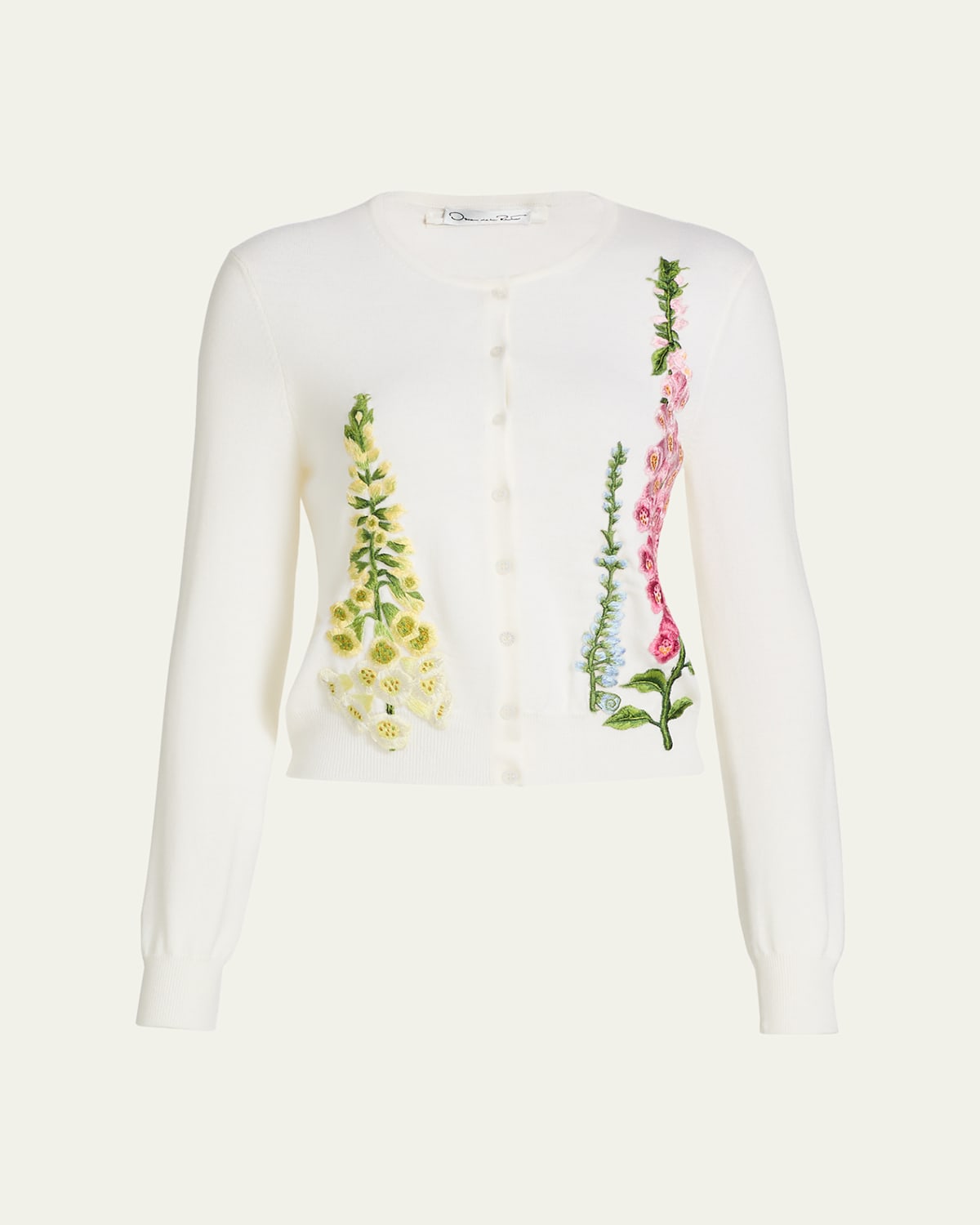 Oscar De La Renta Floral Embroidered Wool Crewneck Cardigan In White