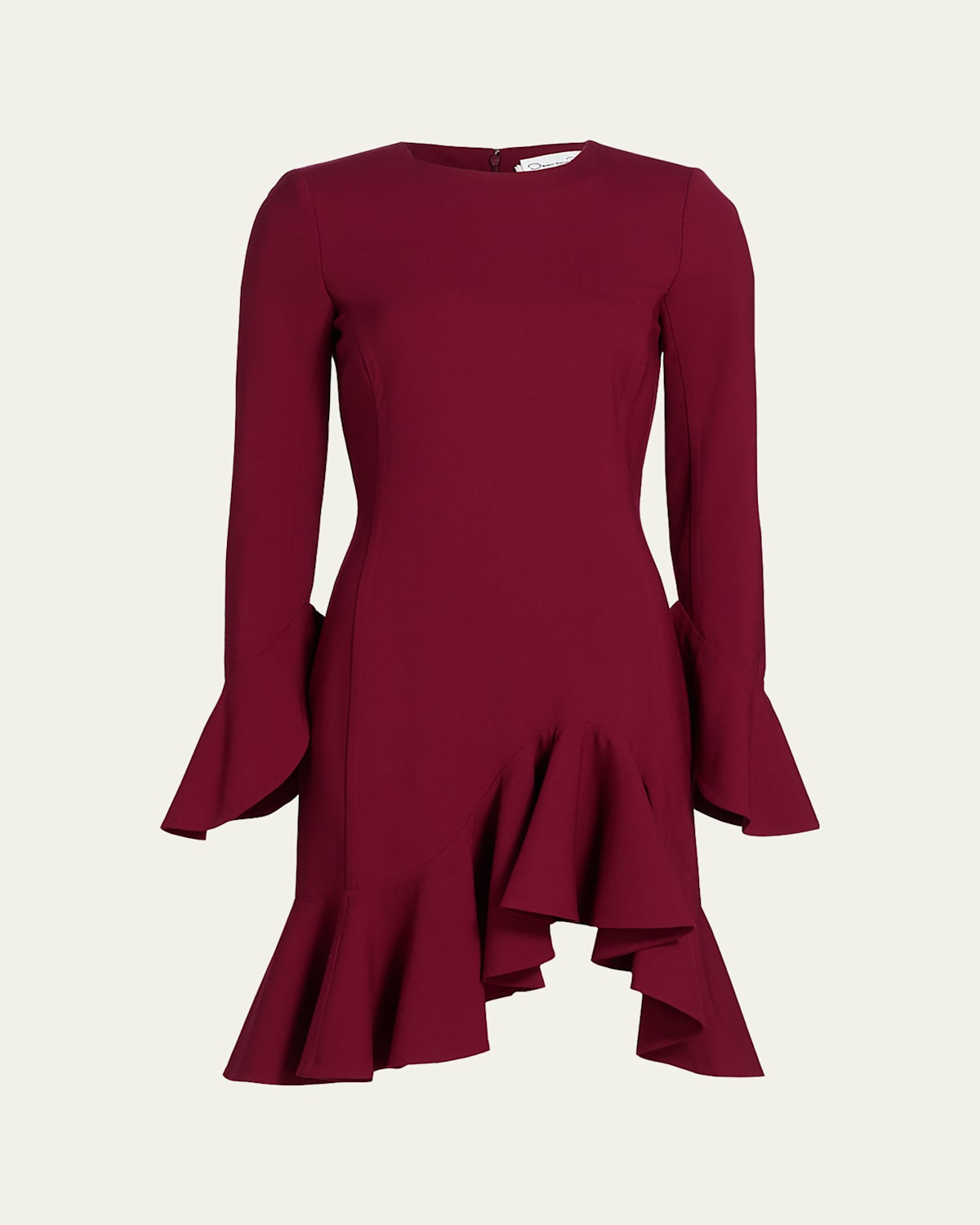 Oscar De La Renta Asymmetric Ruffle Long-sleeve Mini Dress In Red