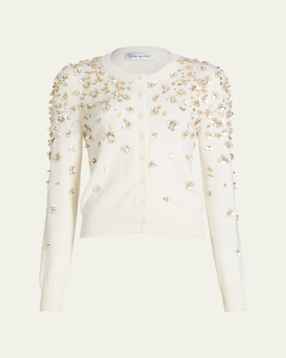 Oscar de la Renta Pearly Embroidered Wool Crewneck Cardigan