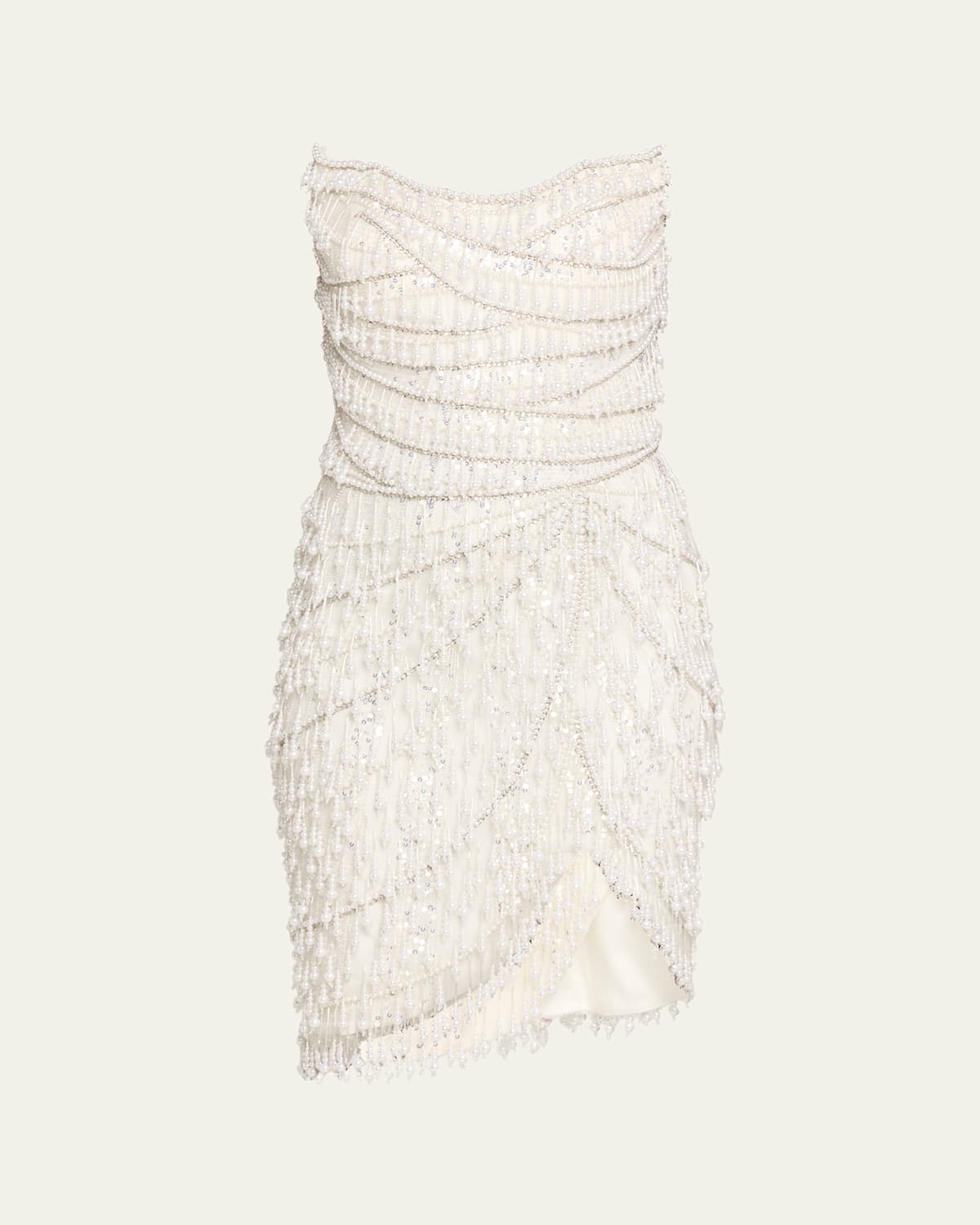 Pamella Roland Strapless Fringe Embroidered Tulle Mini Cocktail Dress In White