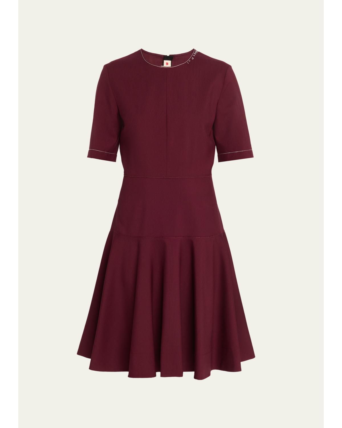 Drop-Waist Wool Crepe Short-Sleeve Dress