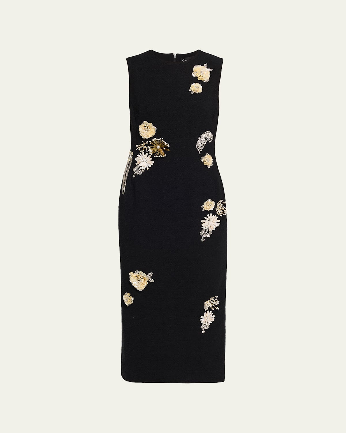 Oscar De La Renta Crystal Embroidered Tweed Sleeveless Midi Cocktail Dress In Black