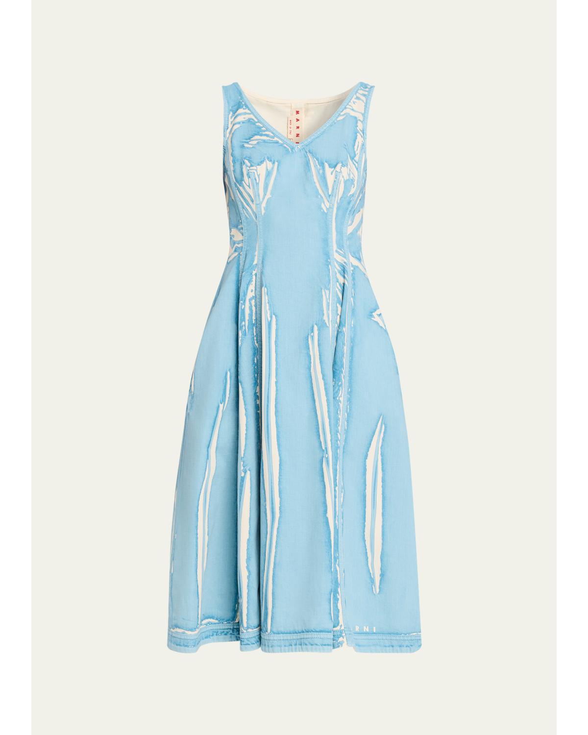 Screen-Printed Denim Sleeveless Midi Dress