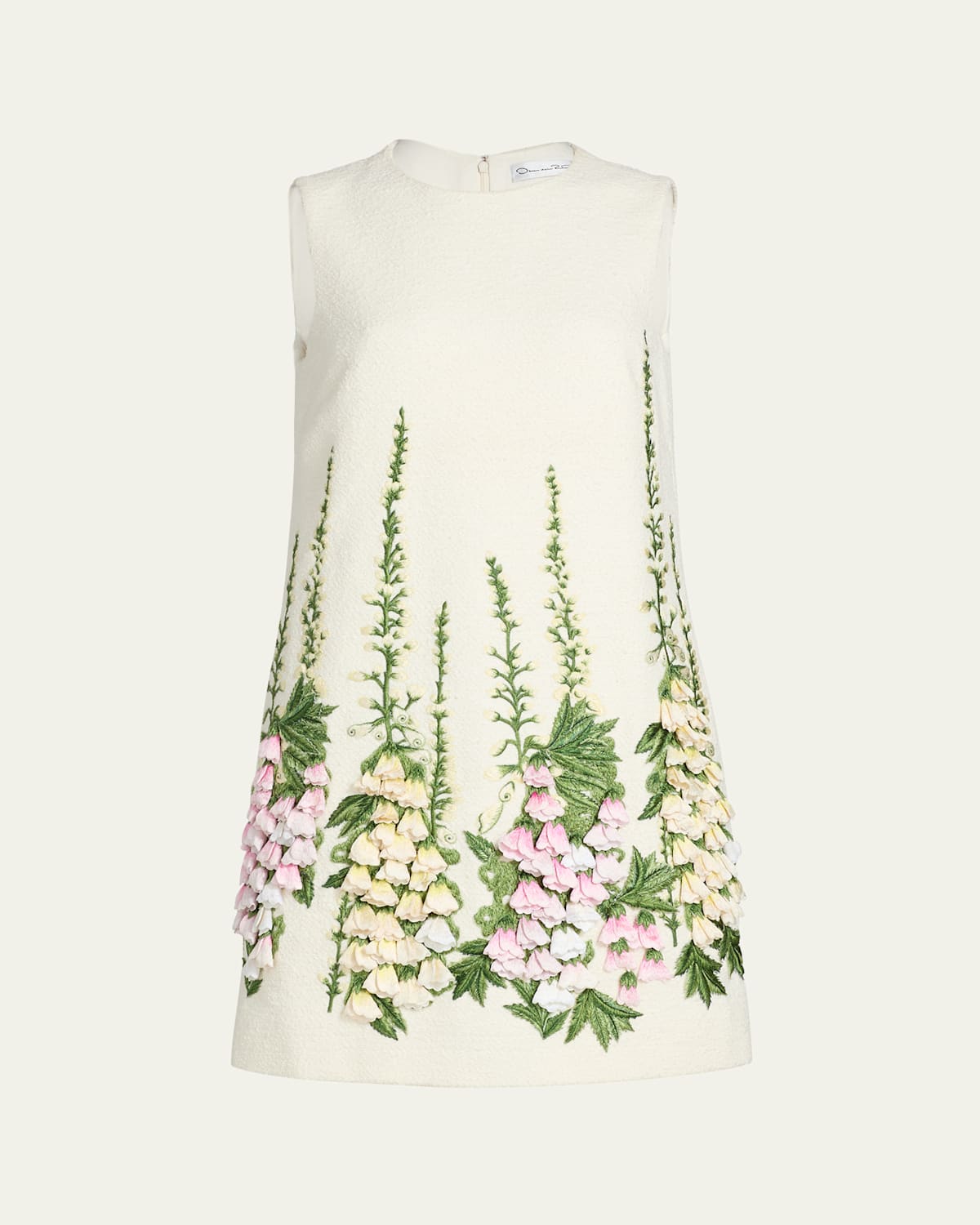 Oscar De La Renta Foxglove Embroidered Tweed Mini Shift Dress In White
