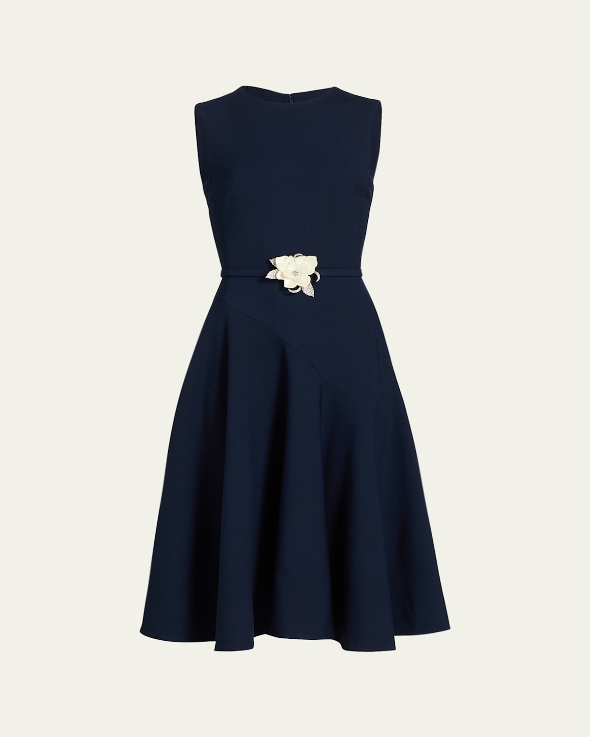 Oscar De La Renta Sleeveless Crystal Belted Stretch Wool Midi Dress In Blue