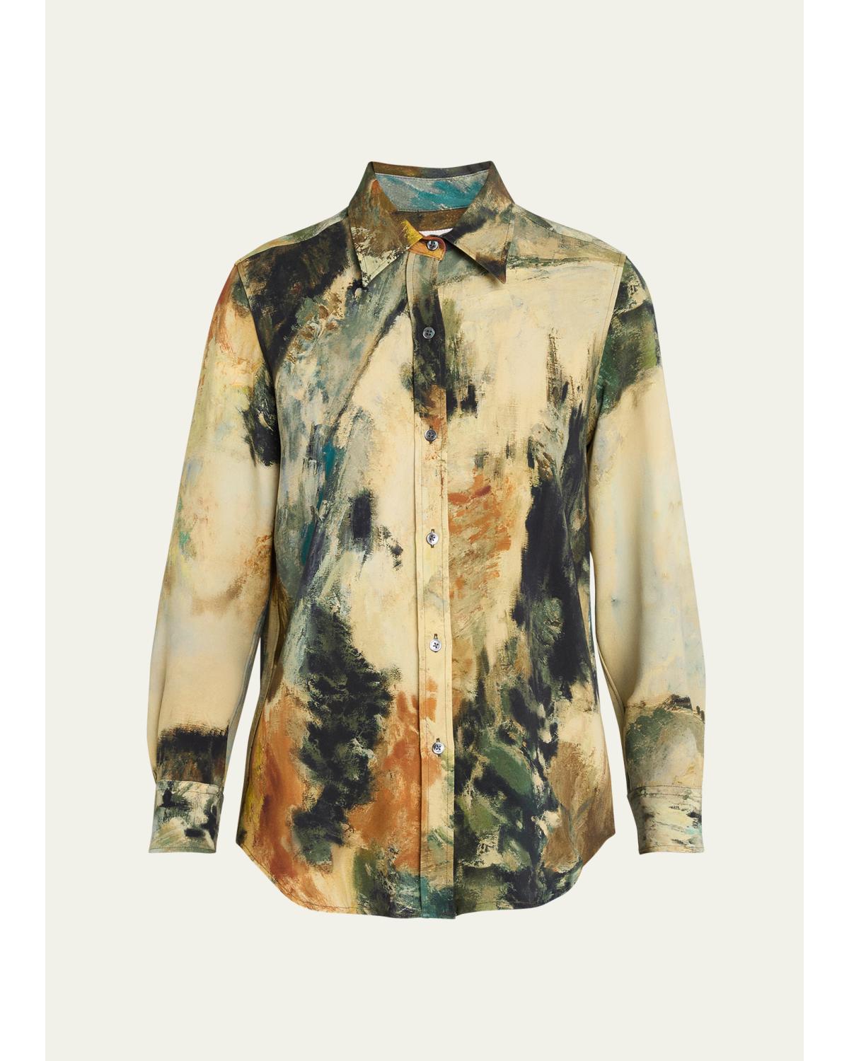 Modernist Landscape Silk Button-Down Shirt