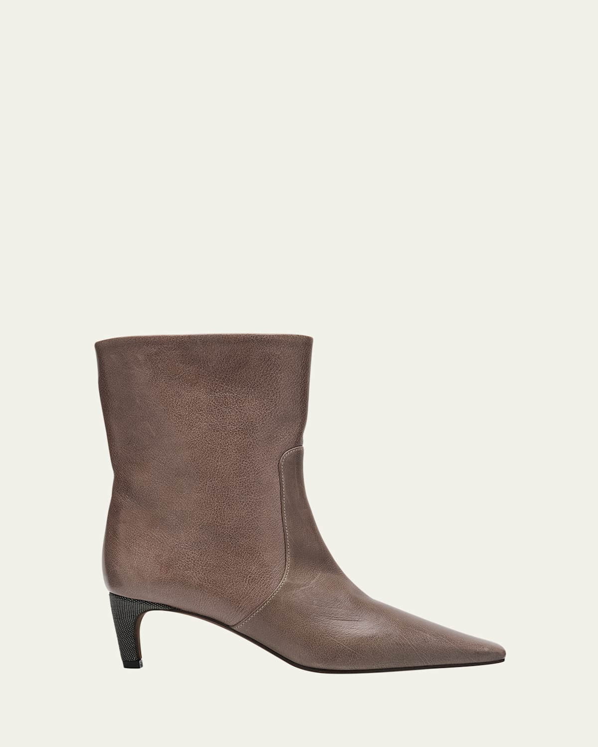 Brunello Cucinelli Leather Monili Kitten-heel Ankle Booties In Pewter