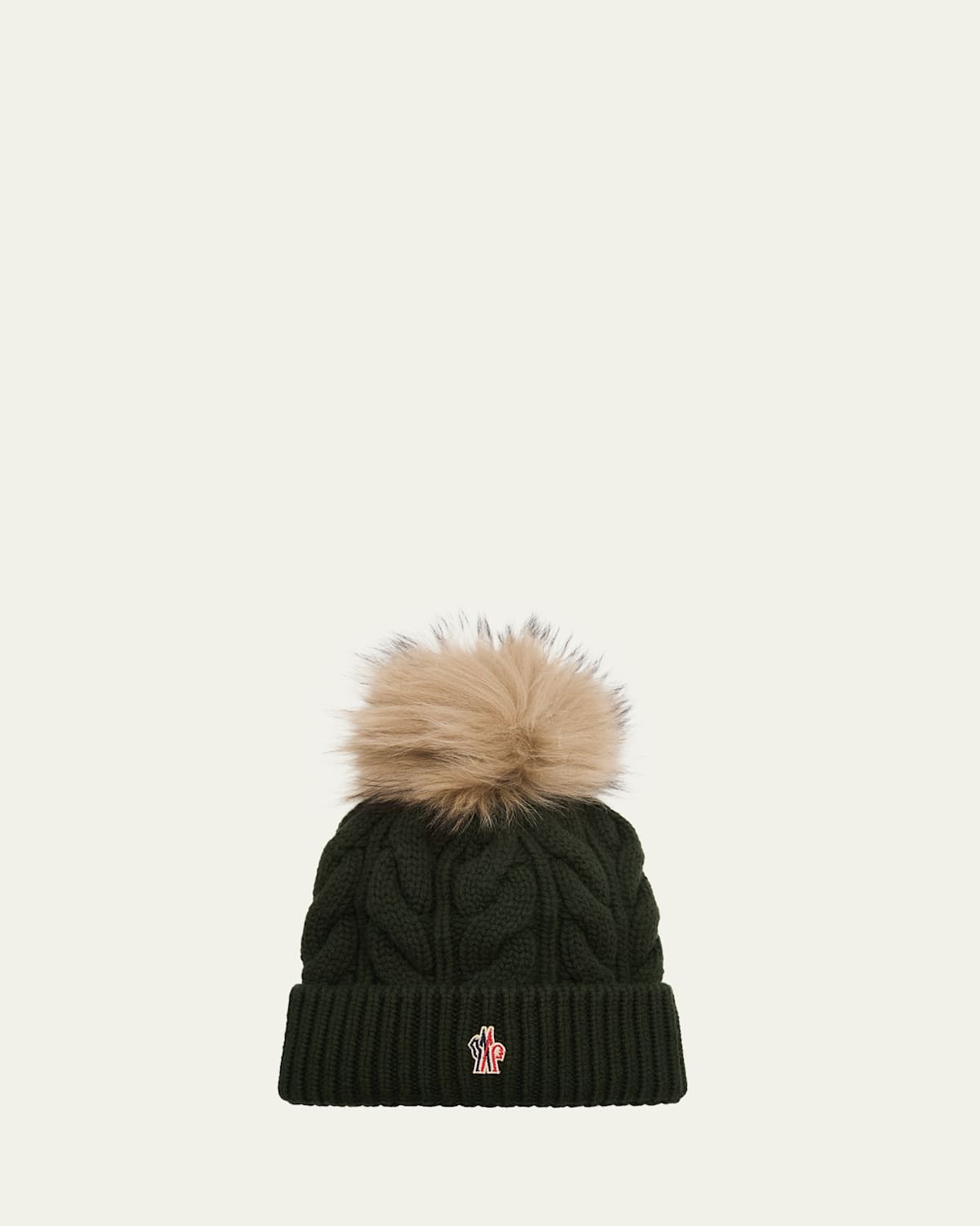 Moncler Grenoble Cable-Knit Wool-Cashmere Beanie with Shearling Pom