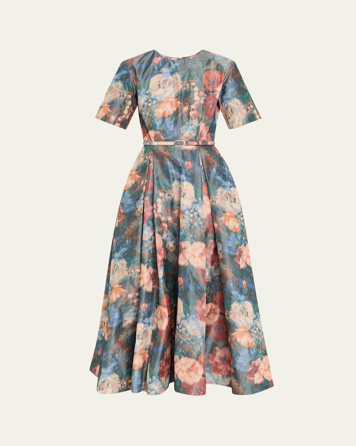 Prabal Gurung Short-sleeve Floral Taffeta Belted Midi Cocktail Dress In Blue