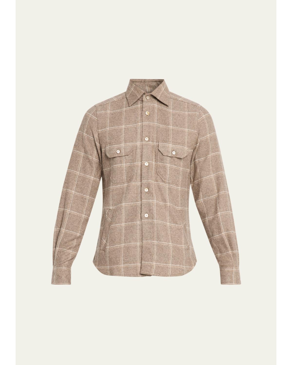 Men'S Cotton Windowpane Double-Pocket Button-Down Shirt