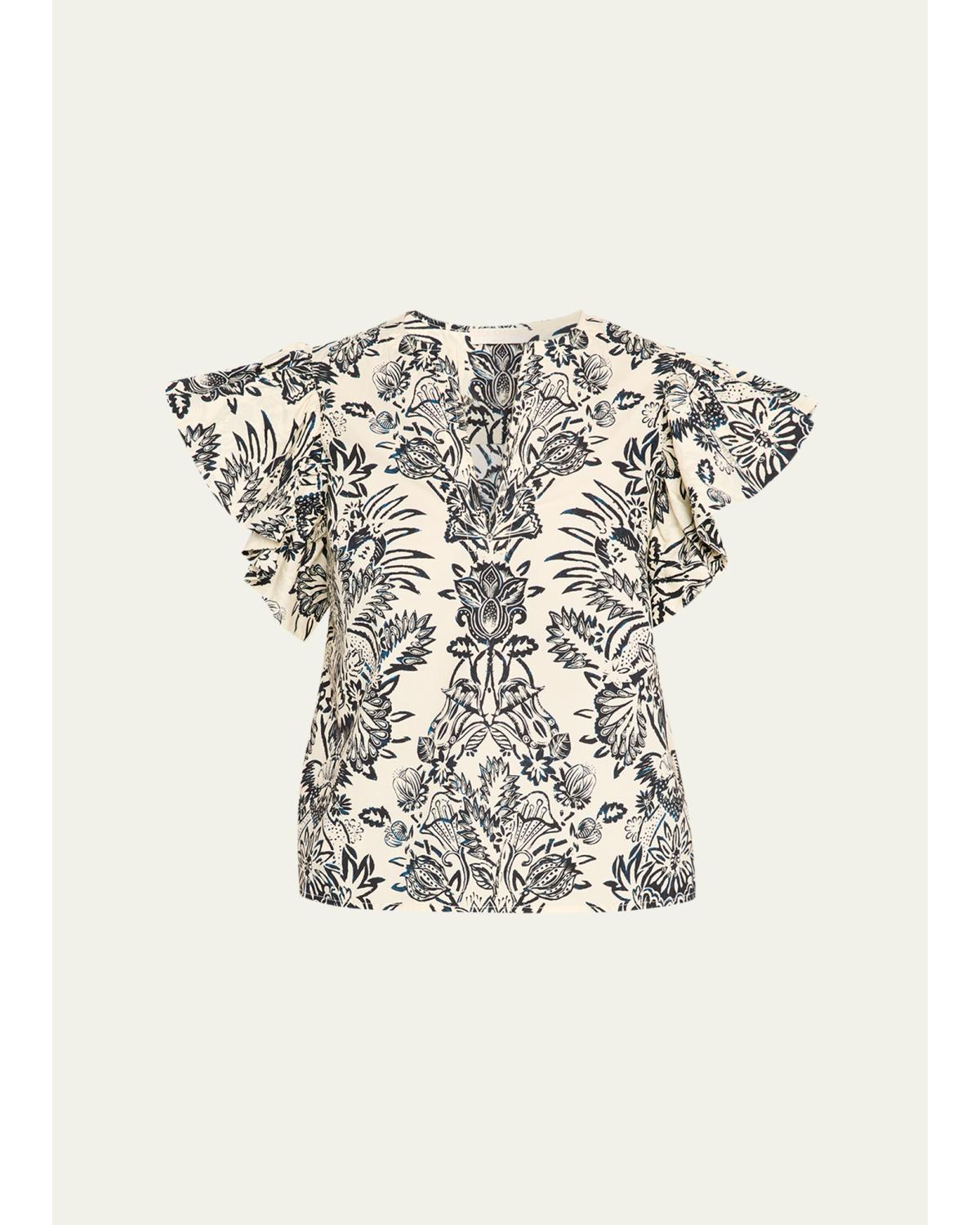 Severine Floral Flutter-Sleeve Blouse