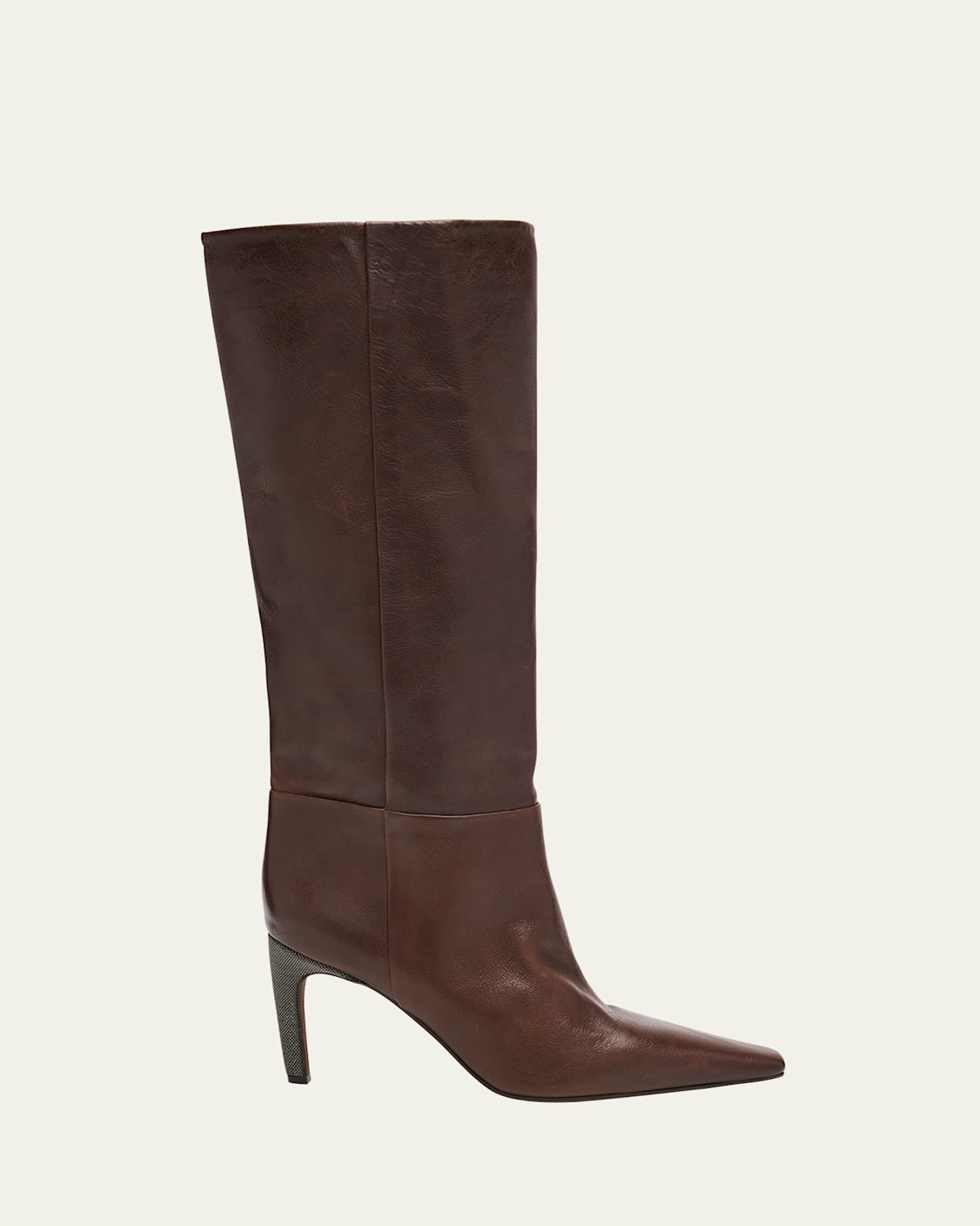 Brunello Cucinelli 80mm Leather Knee-high Boots With Monili Heel In Brown