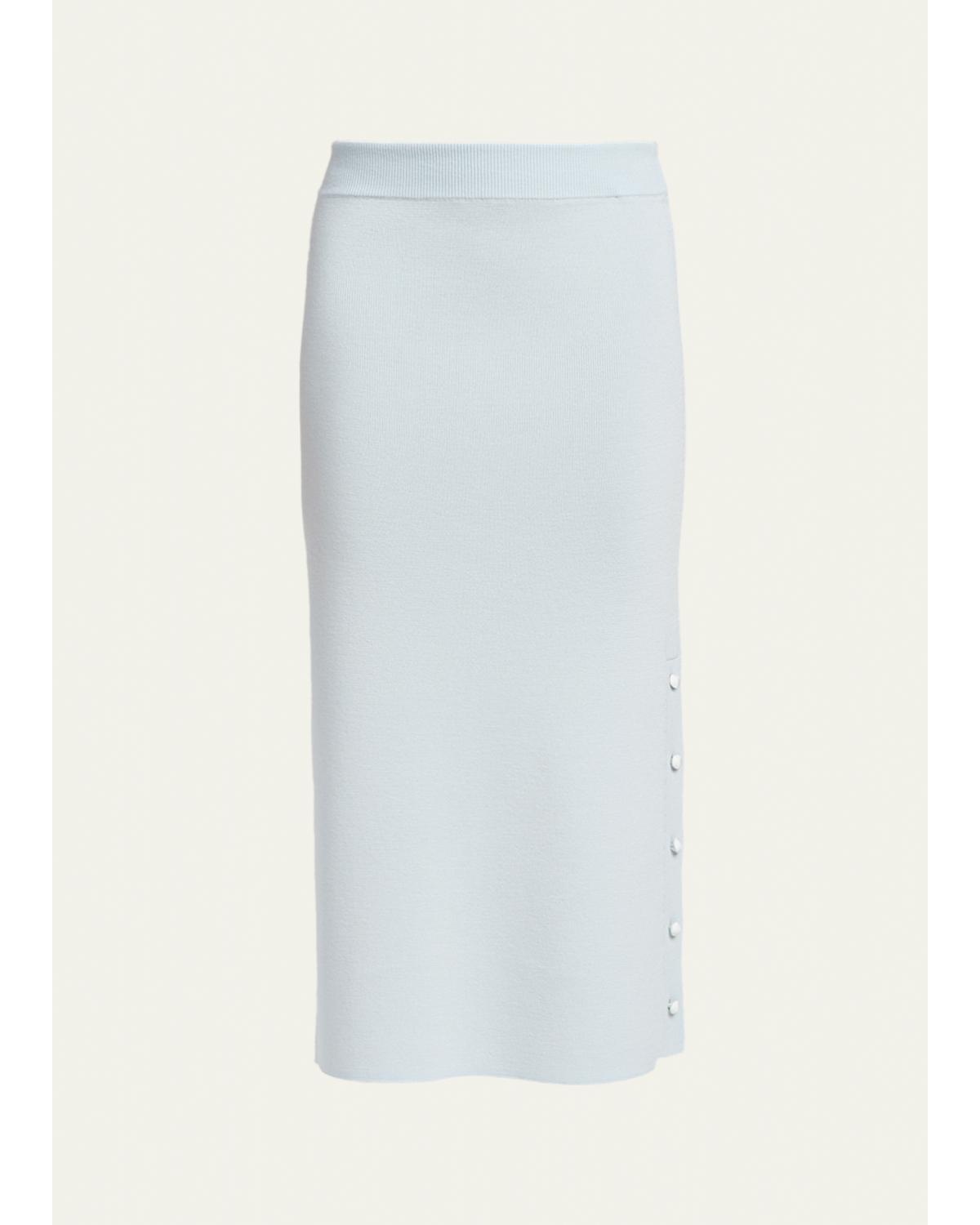 Button-Hem Wool Knit Midi Skirt