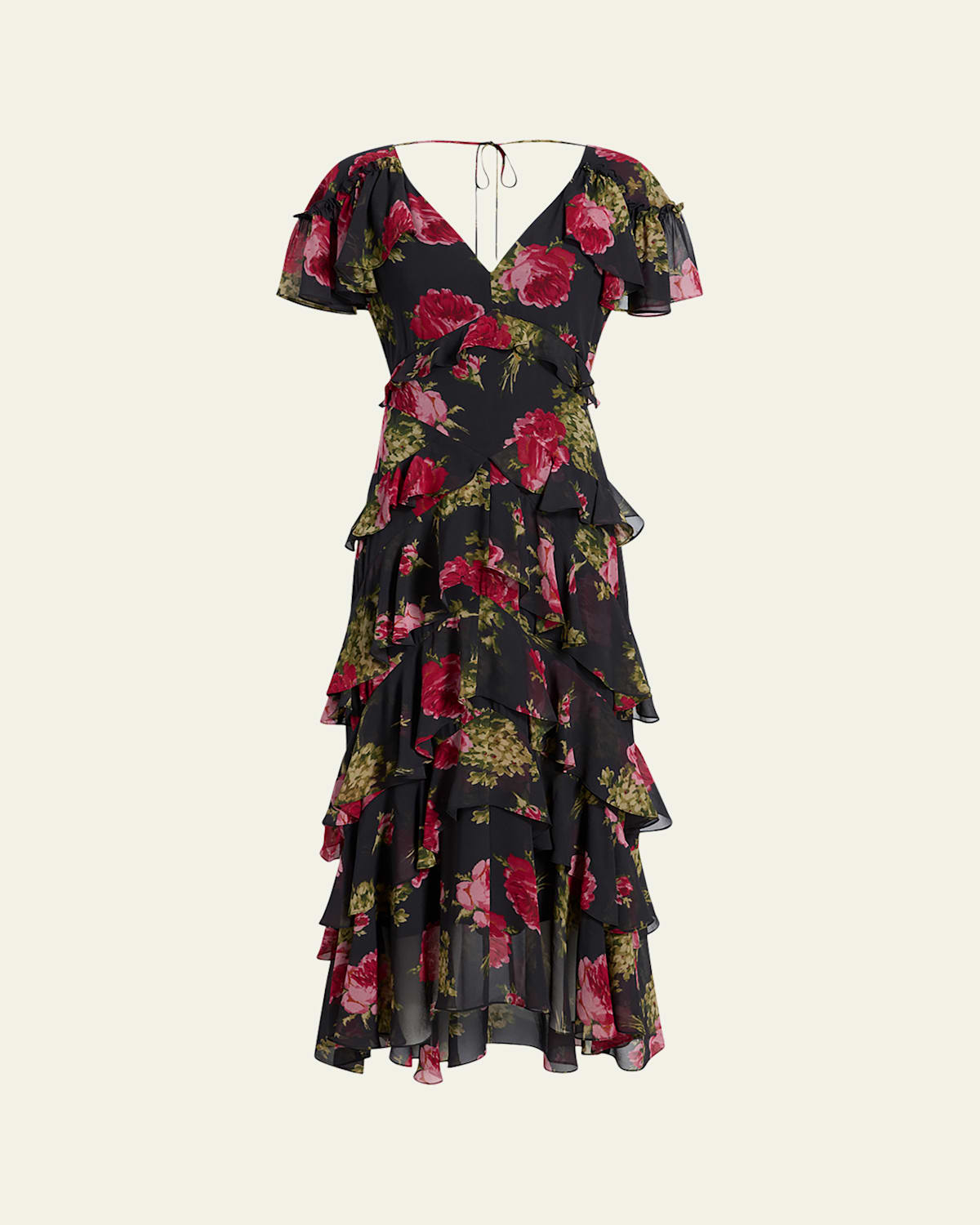 Cinq À Sept Baroque Roses Tatum Tiered Ruffle Midi Dress In Black