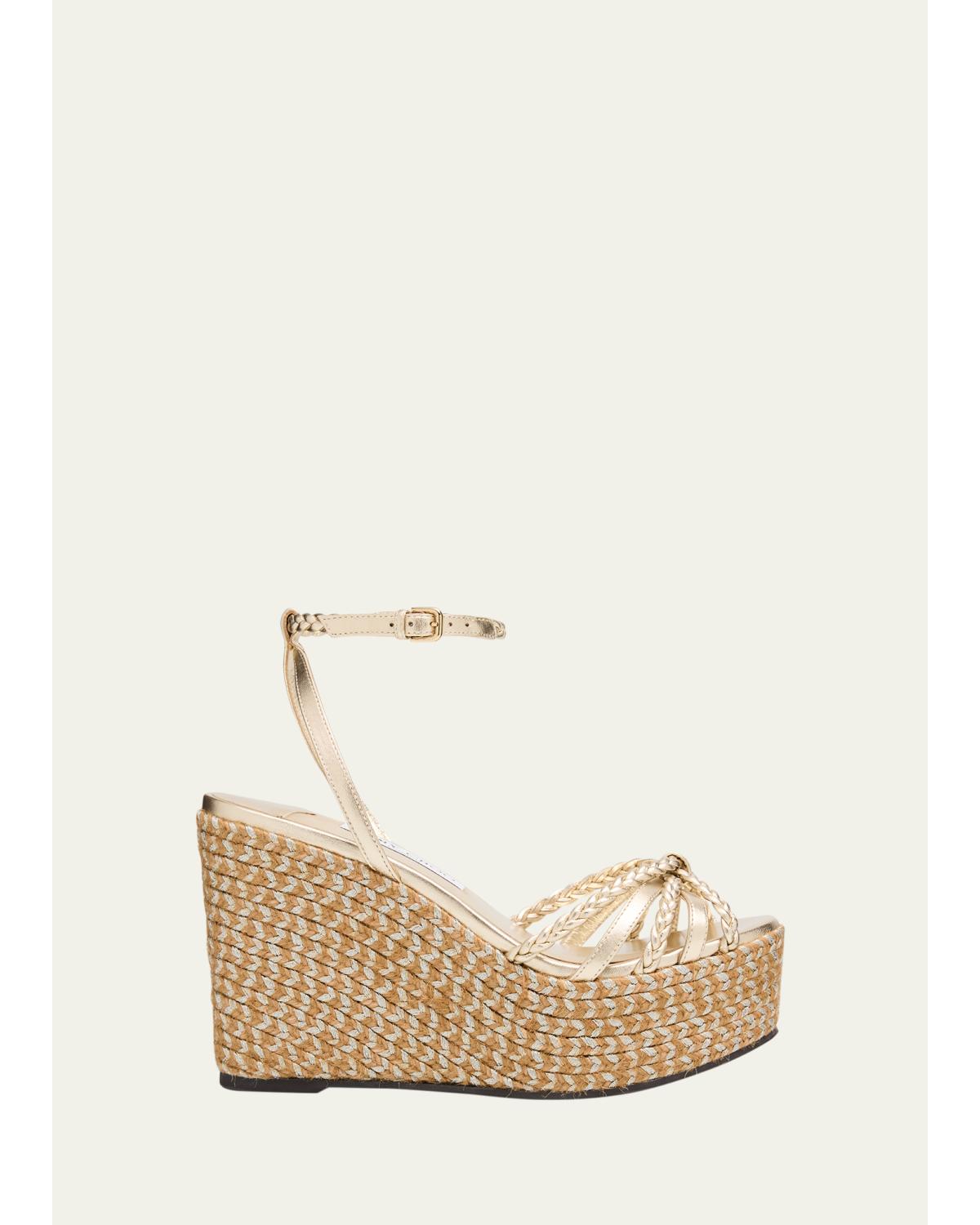 100mm Dree Metallic Leather Espadrille Wedge Sandals
