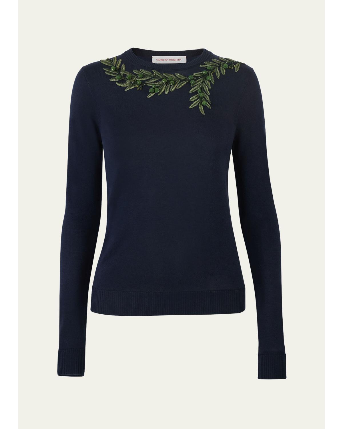 Olive Branch Embroidered Silk-Cotton Crewneck Sweater