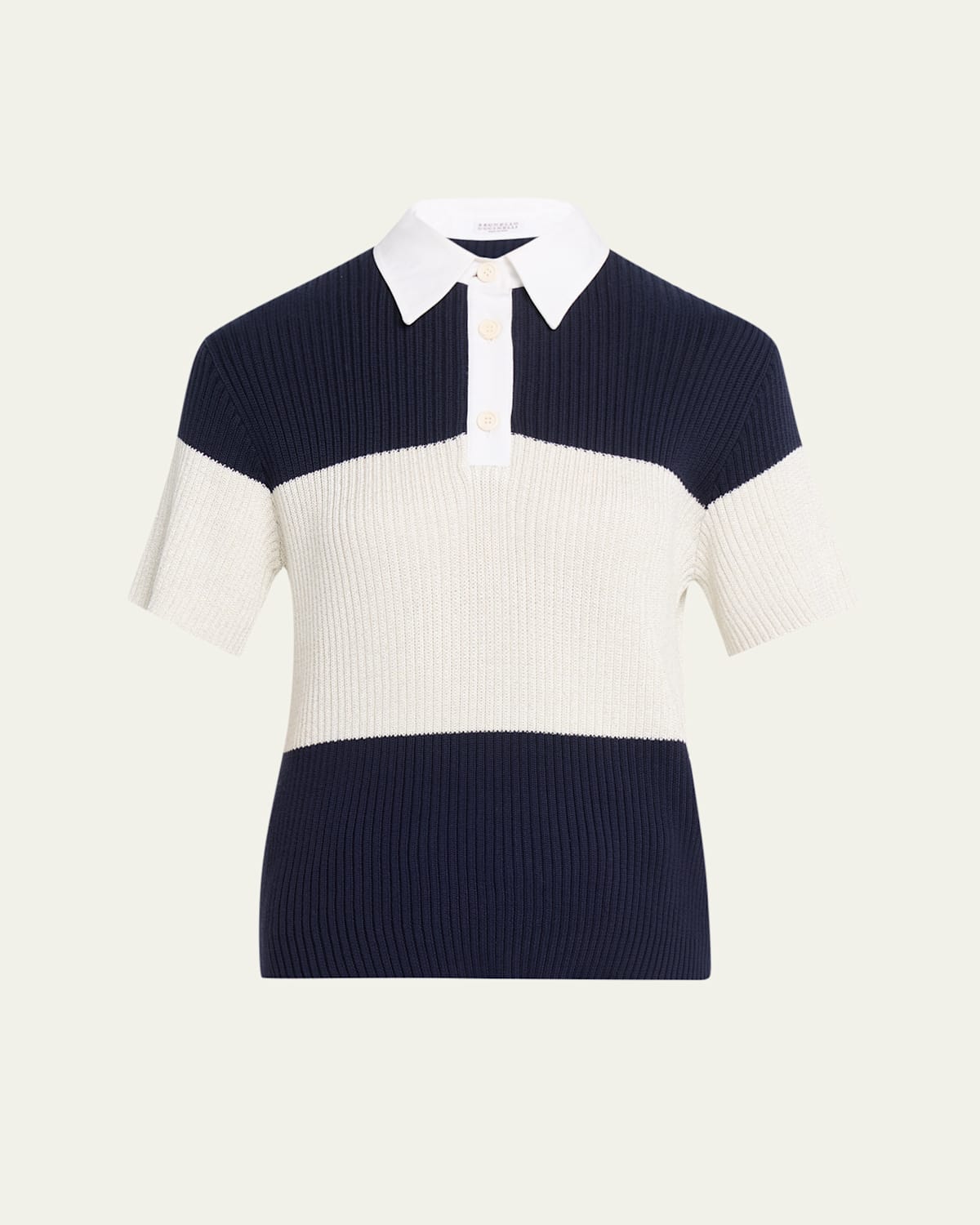 Brunello Cucinelli Shimmering Striped Cotton Rib Short-sleeve Polo Sweater In Blue