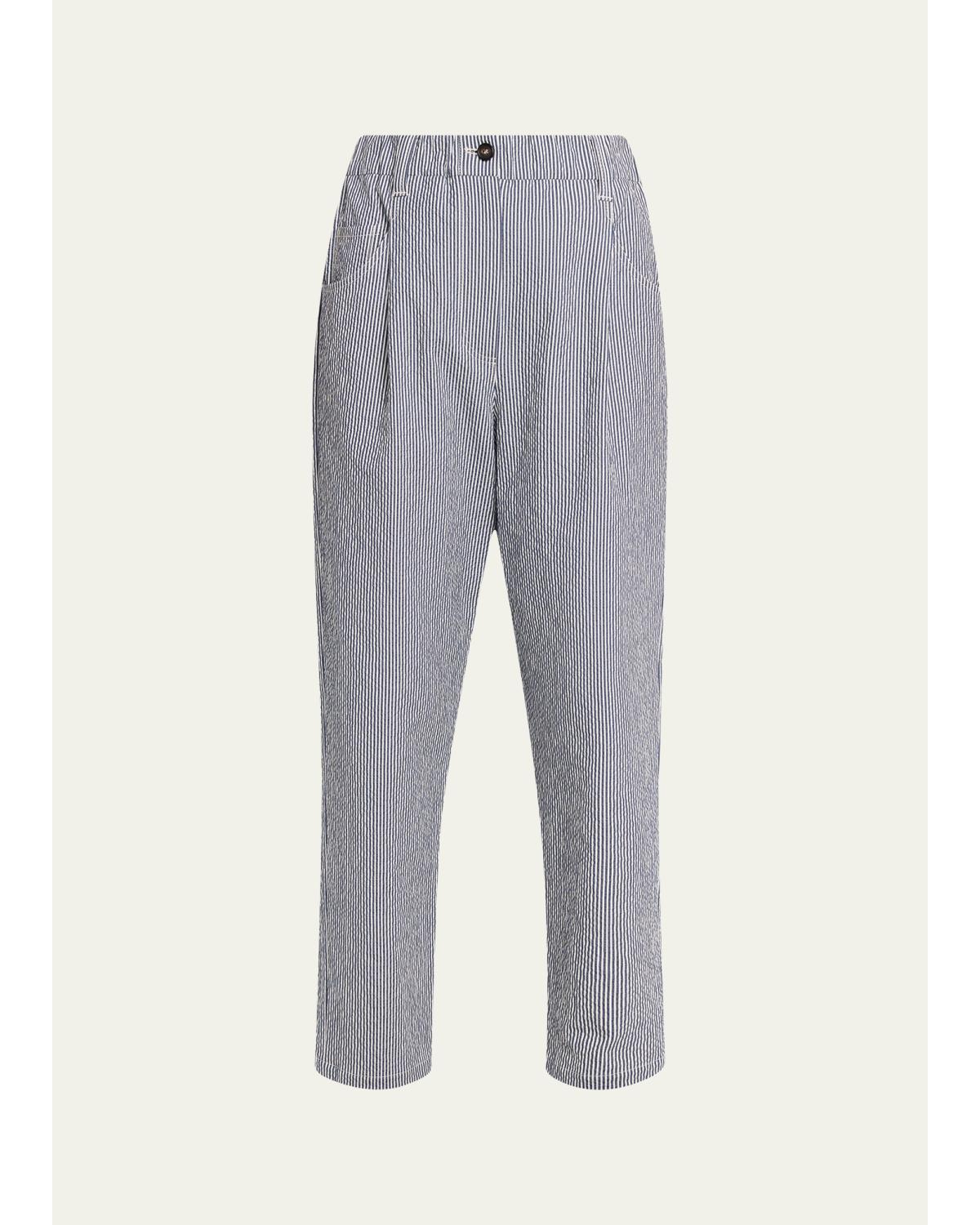 Cotton Seersucker Straight-Leg Ankle Pants