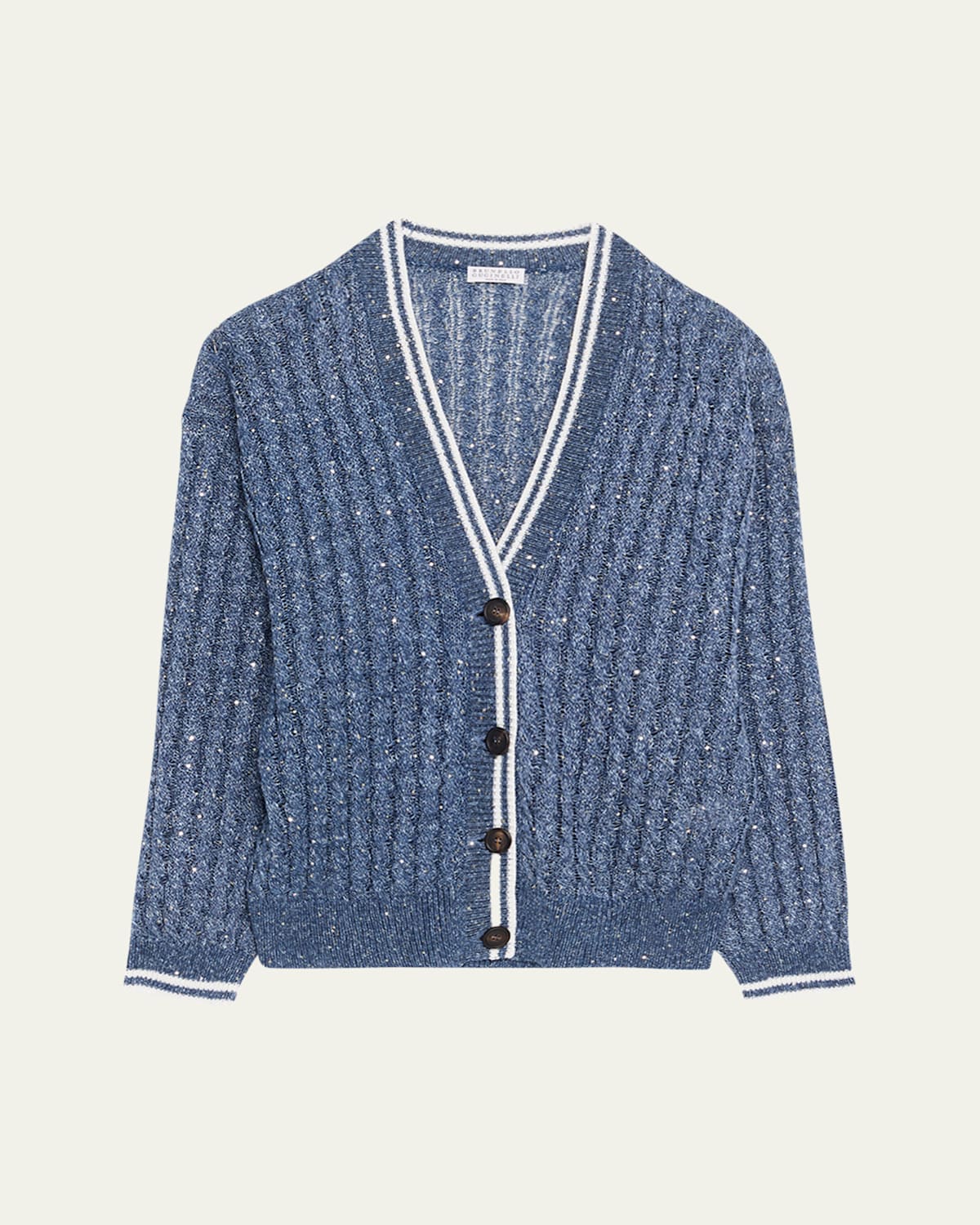 Brunello Cucinelli Linen Dazzling Cable Open-knit V-neck Cardigan In Blue
