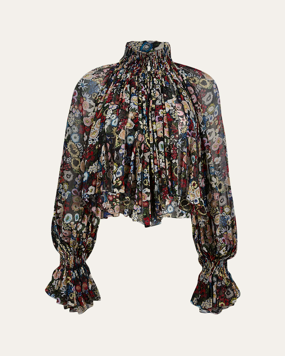 Khaite Durer Floral Silk Balloon-sleeve Peasant Top In Multi