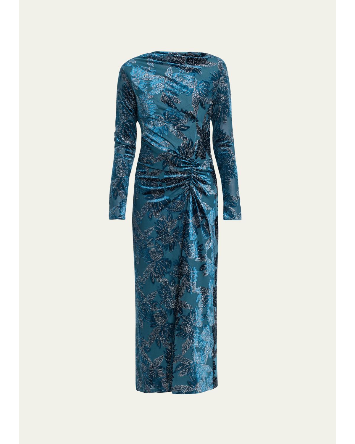 Ferrera Long-Sleeve Floral Velvet Midi Dress