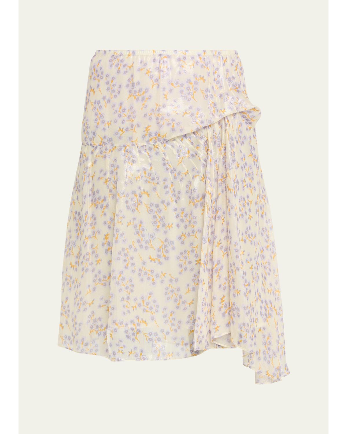 Floral-Print Metallic Silk Gathered Skirt
