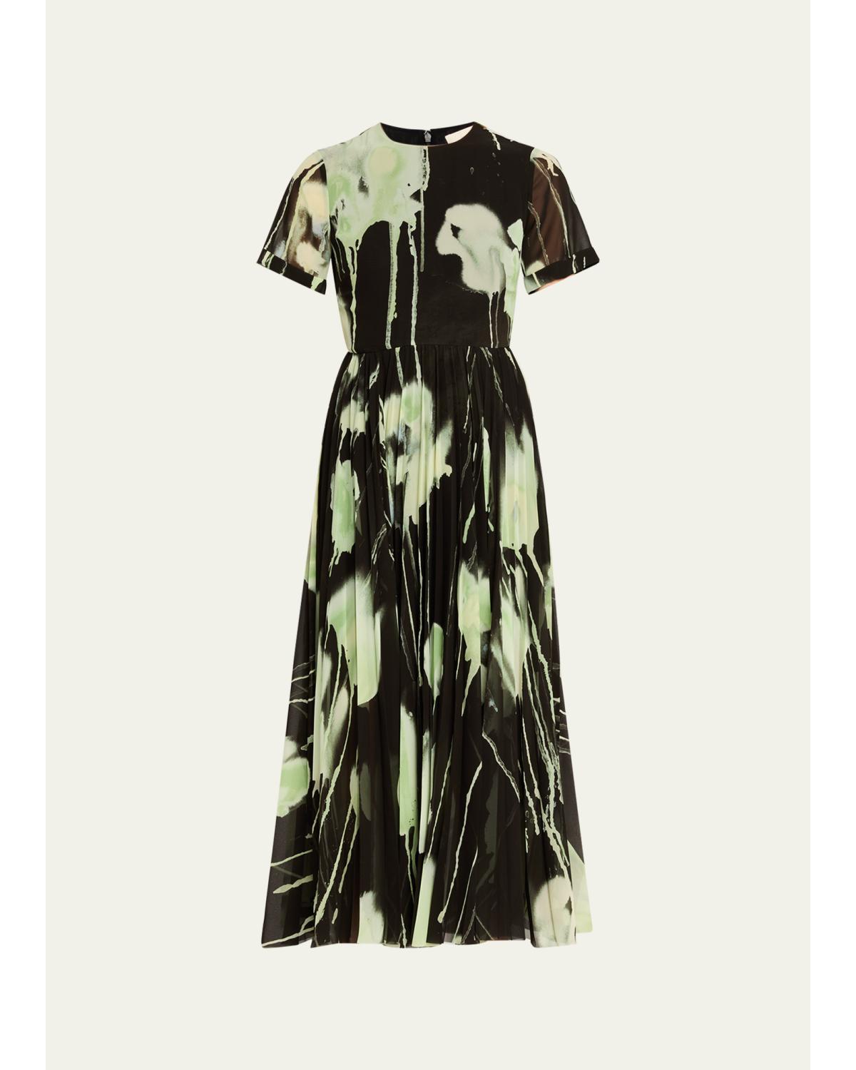 Pleated Watercolor-Print Midi Dress