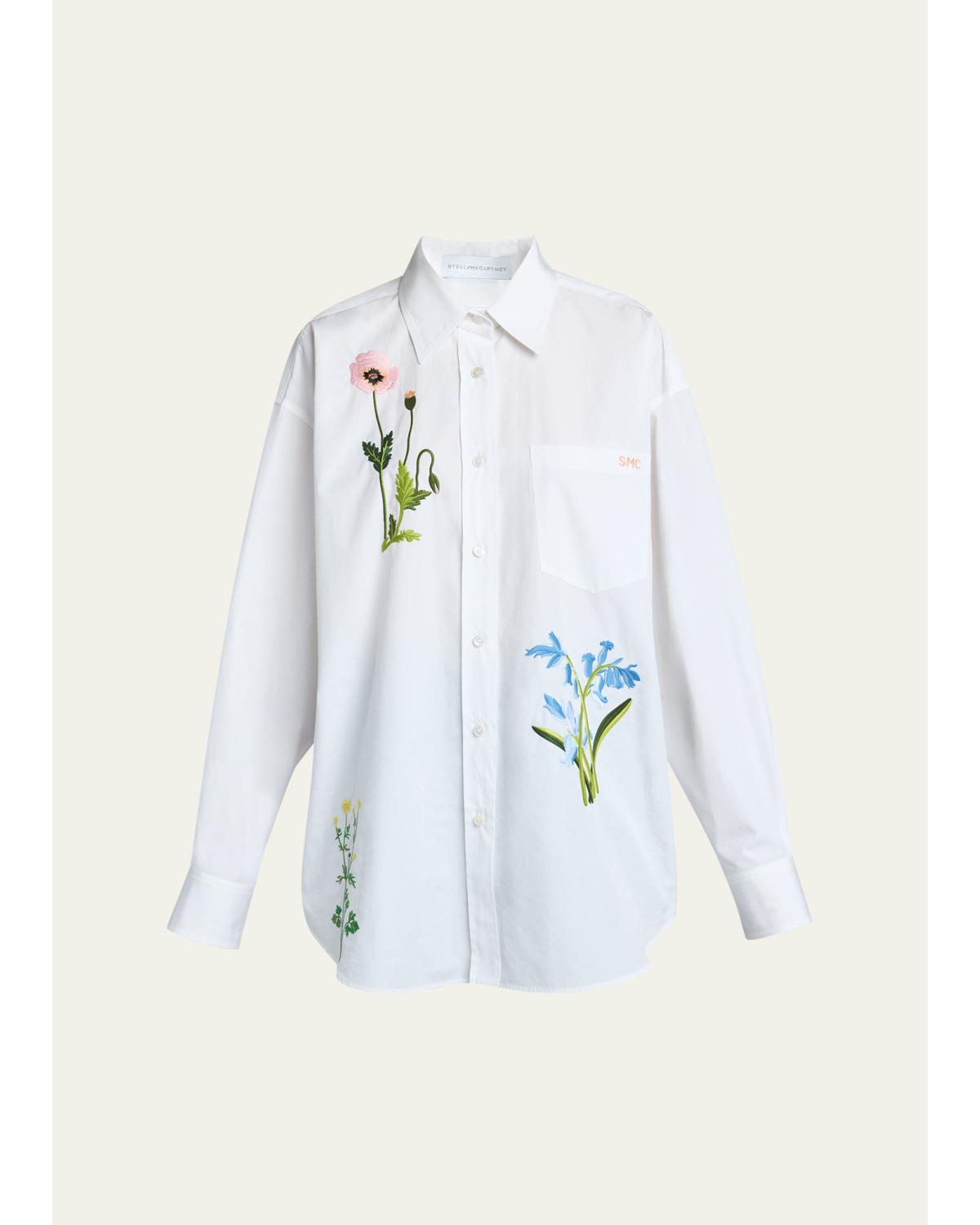 Flower Embroidered Cotton Poplin Button-Down Shirt