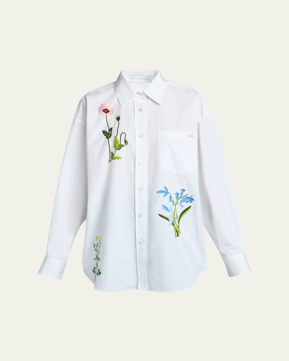 Stella Mccartney Flower Embroidered Cotton Poplin Oversized Shirt In White