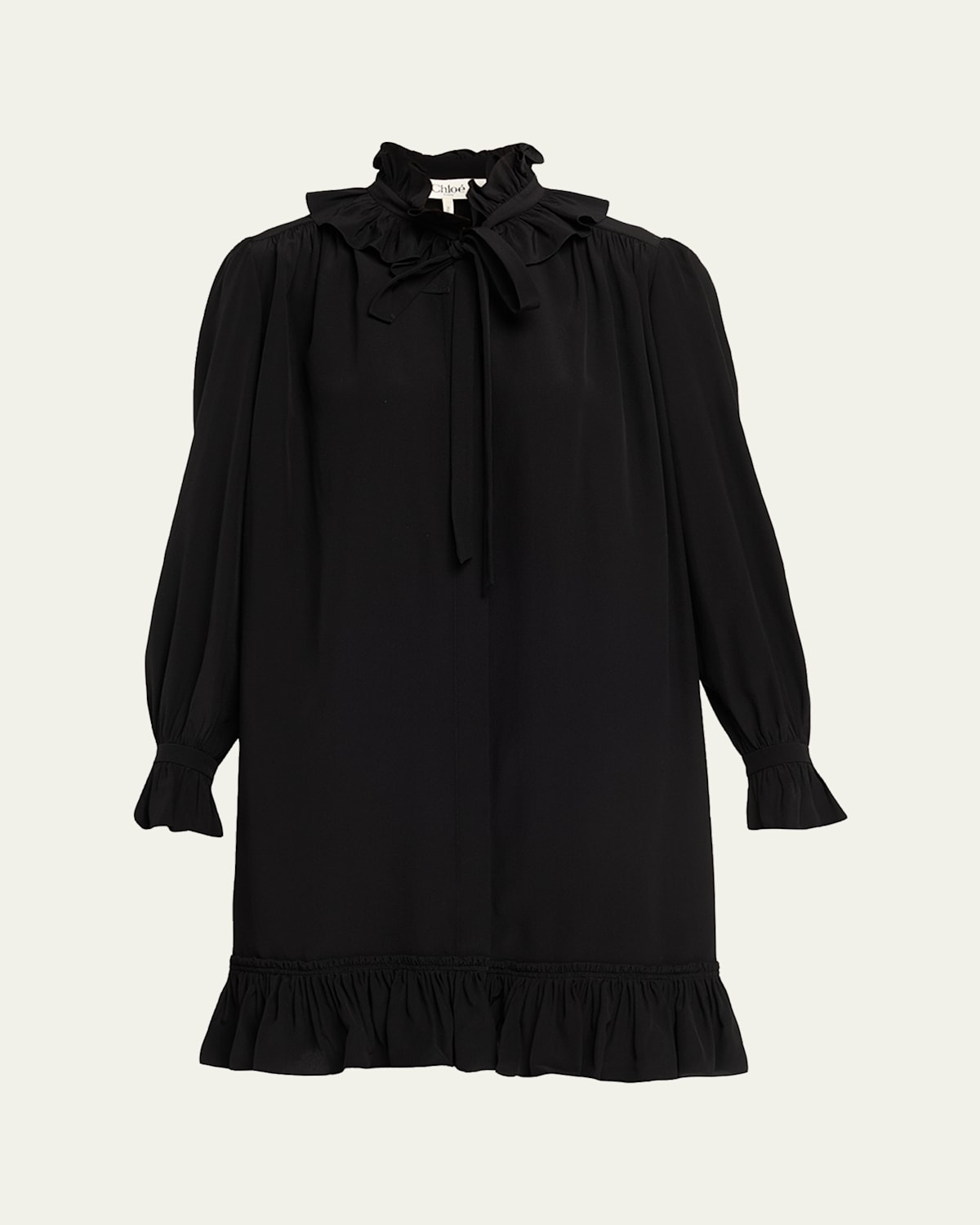 Chloé Ruffle Neck-tie Silk Mini Shirtdress In Black
