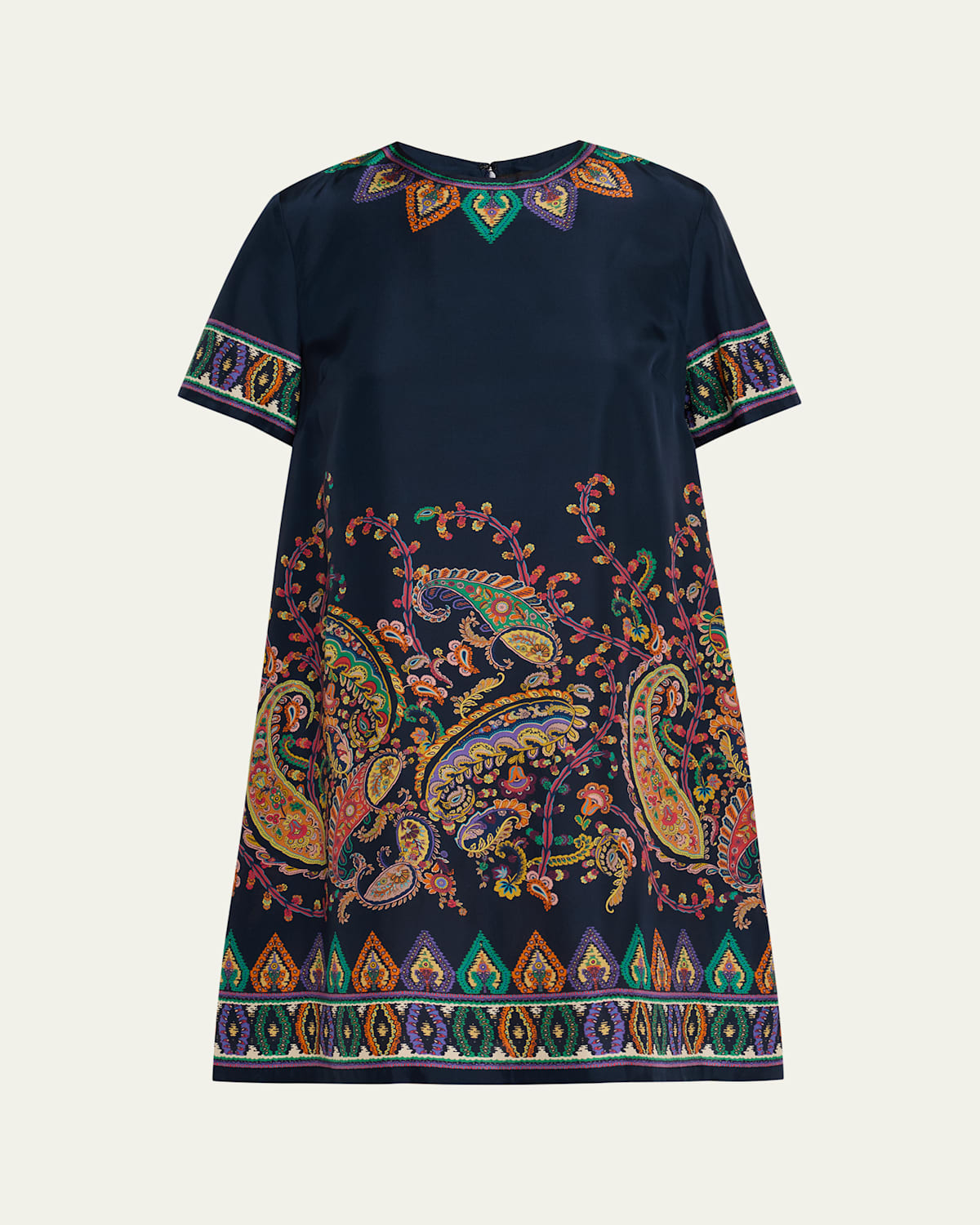 Paisley Silk Habotai Short-Sleeve Mini Tunic Dress