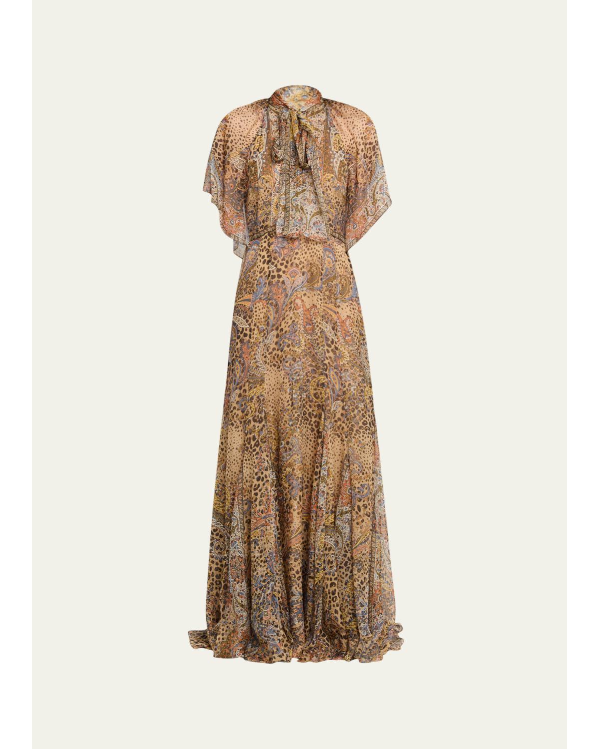 Paisley Animal-Print Silk Chiffon Neck-Scarf Maxi Dress