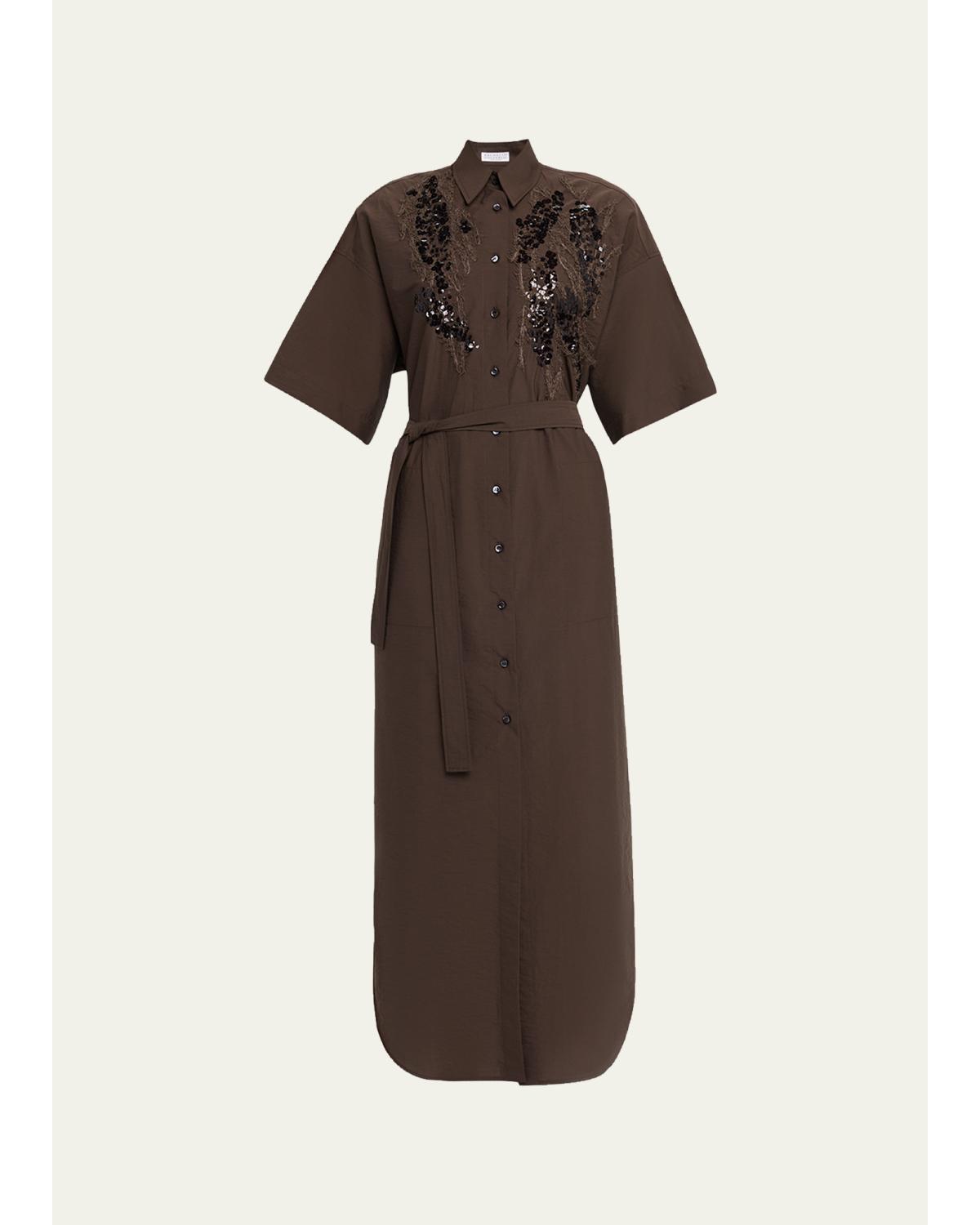 Sequin Embroidered Cotton Poplin Midi Shirtdress