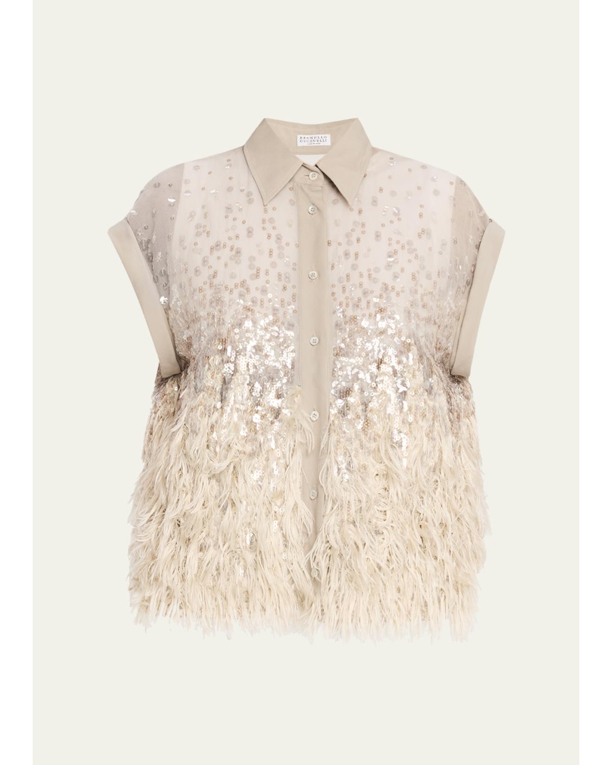Sequin & Feather Silk Chiffon Blouse