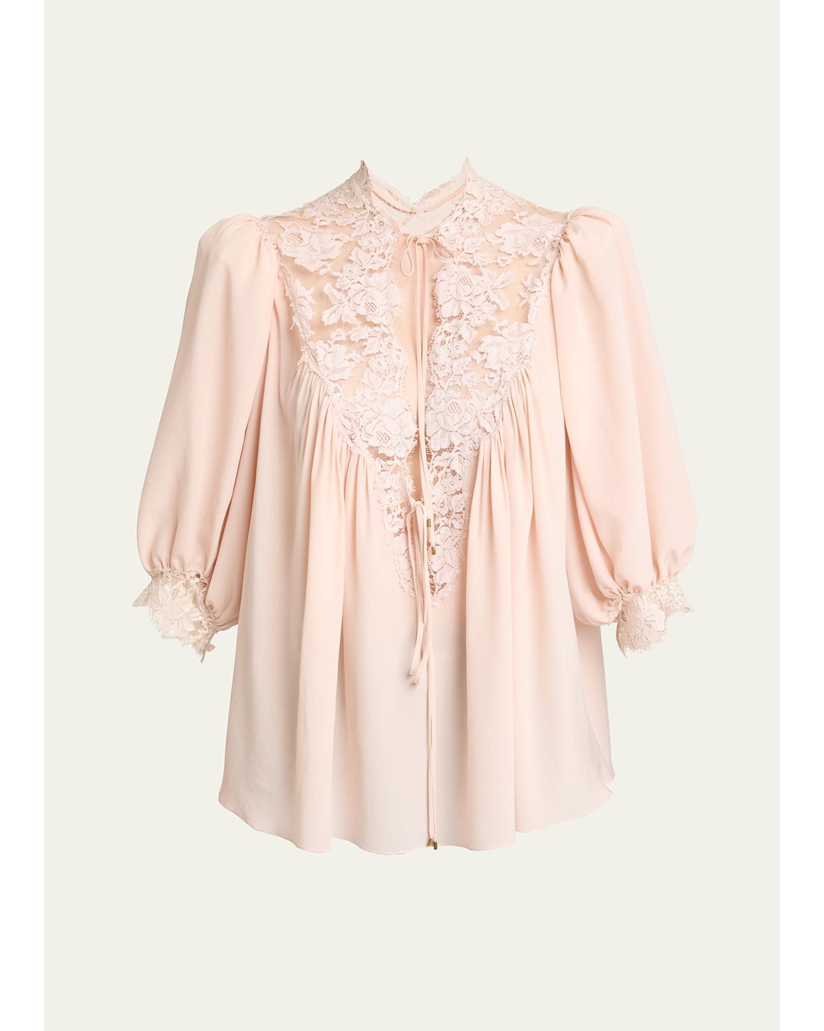 Lace-Trim Puff-Sleeve Organic Silk Crepe De Chine Top