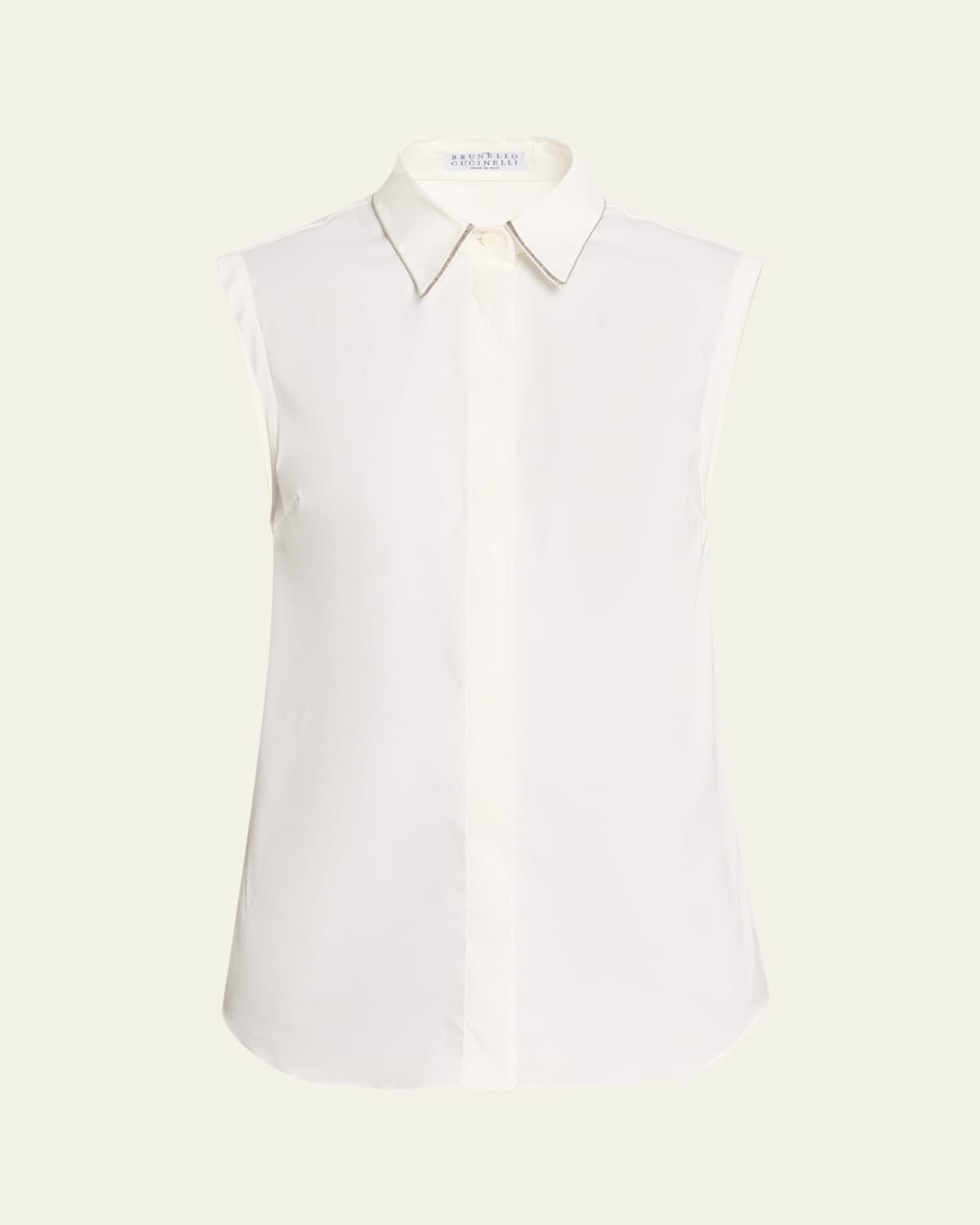 Brunello Cucinelli Cotton Poplin Sleeveless Top With Monili Trim In White