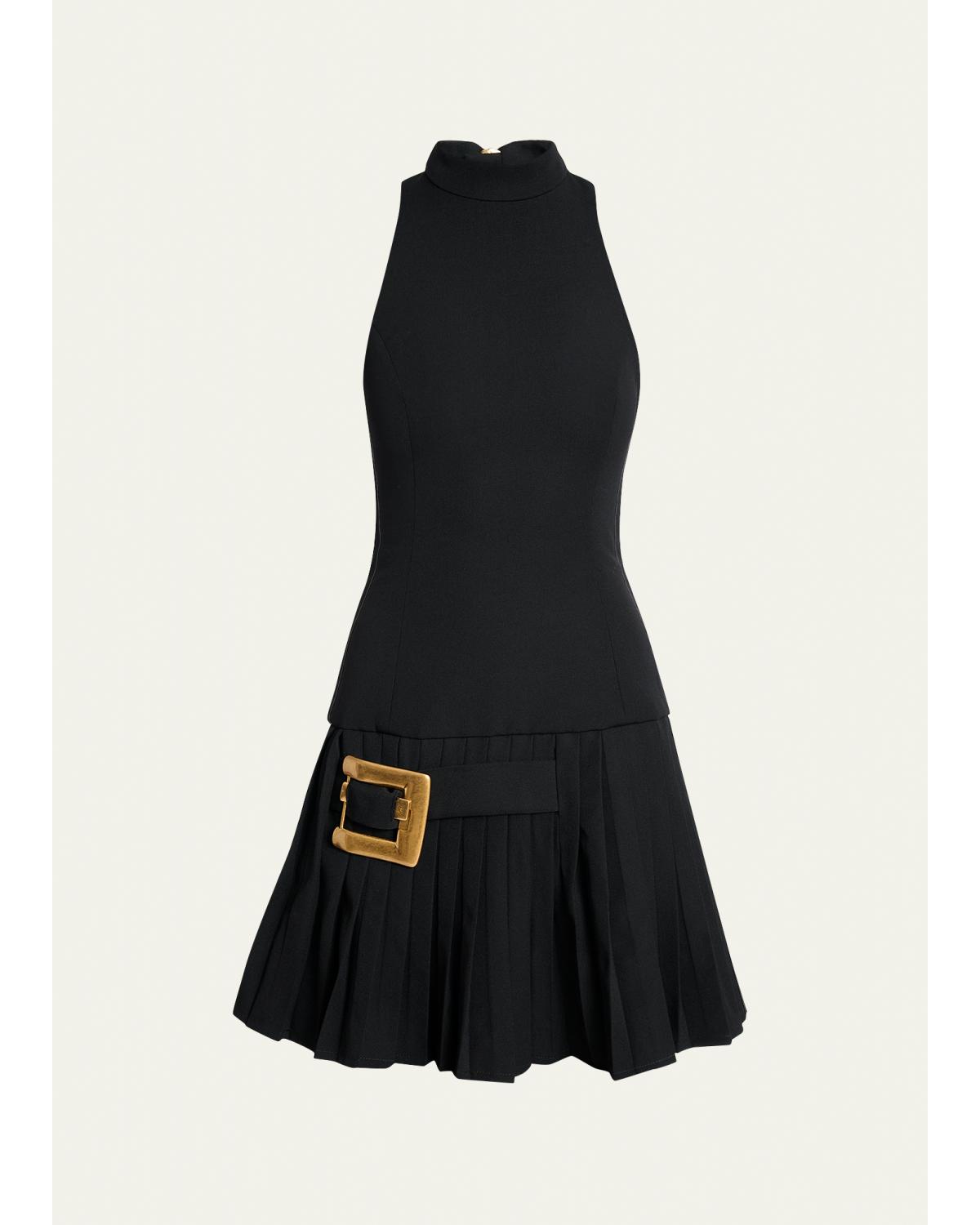 Belted Pleated Halter Mini Dress
