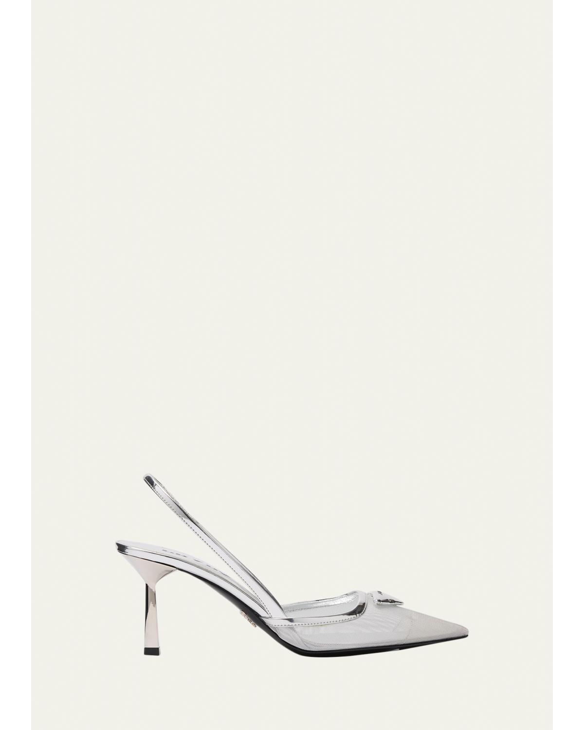 75mm Modellerie Metallic Leather Mesh Slingback Pumps
