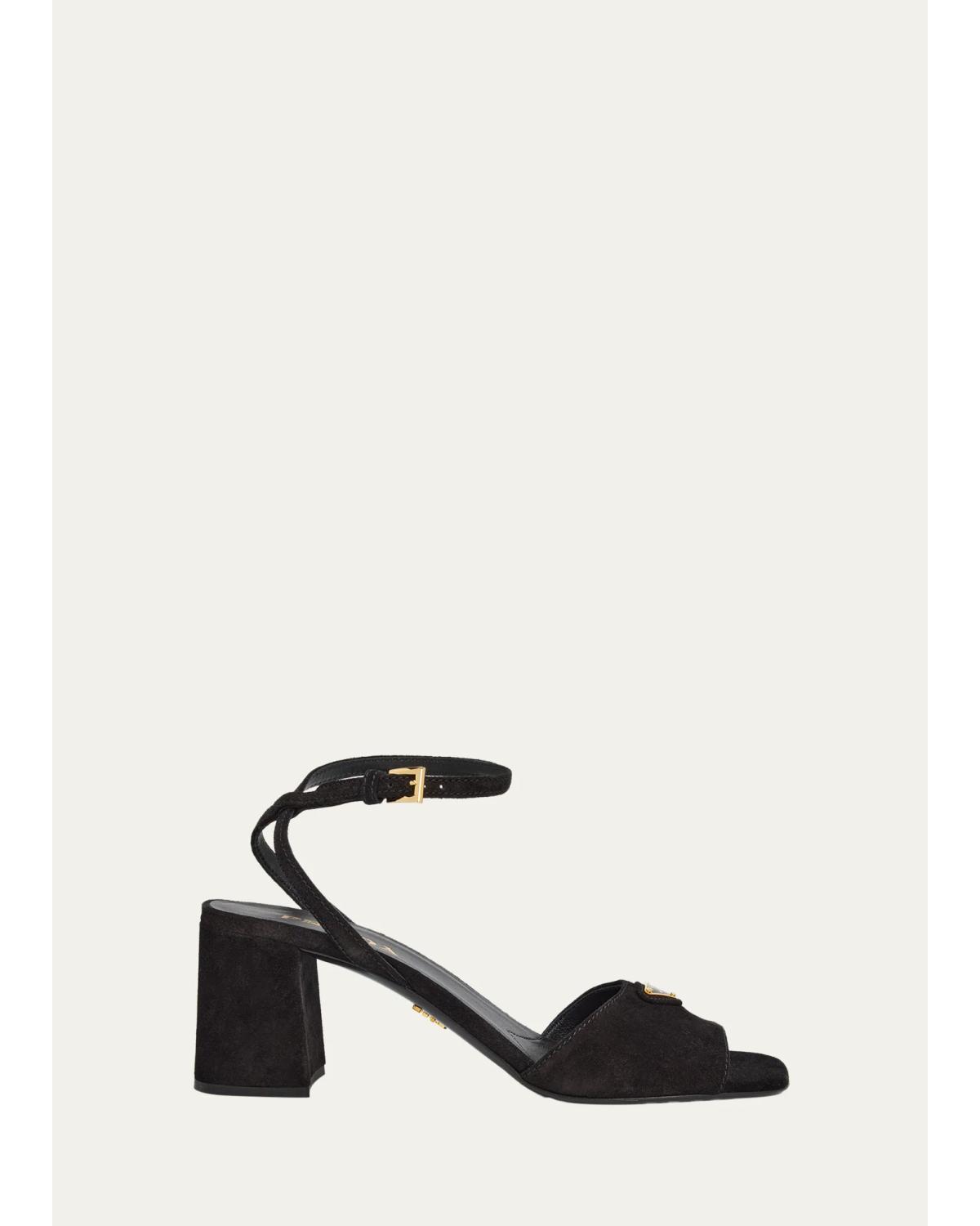 65Mm Triangle Logo Suede Block-Heel Sandals