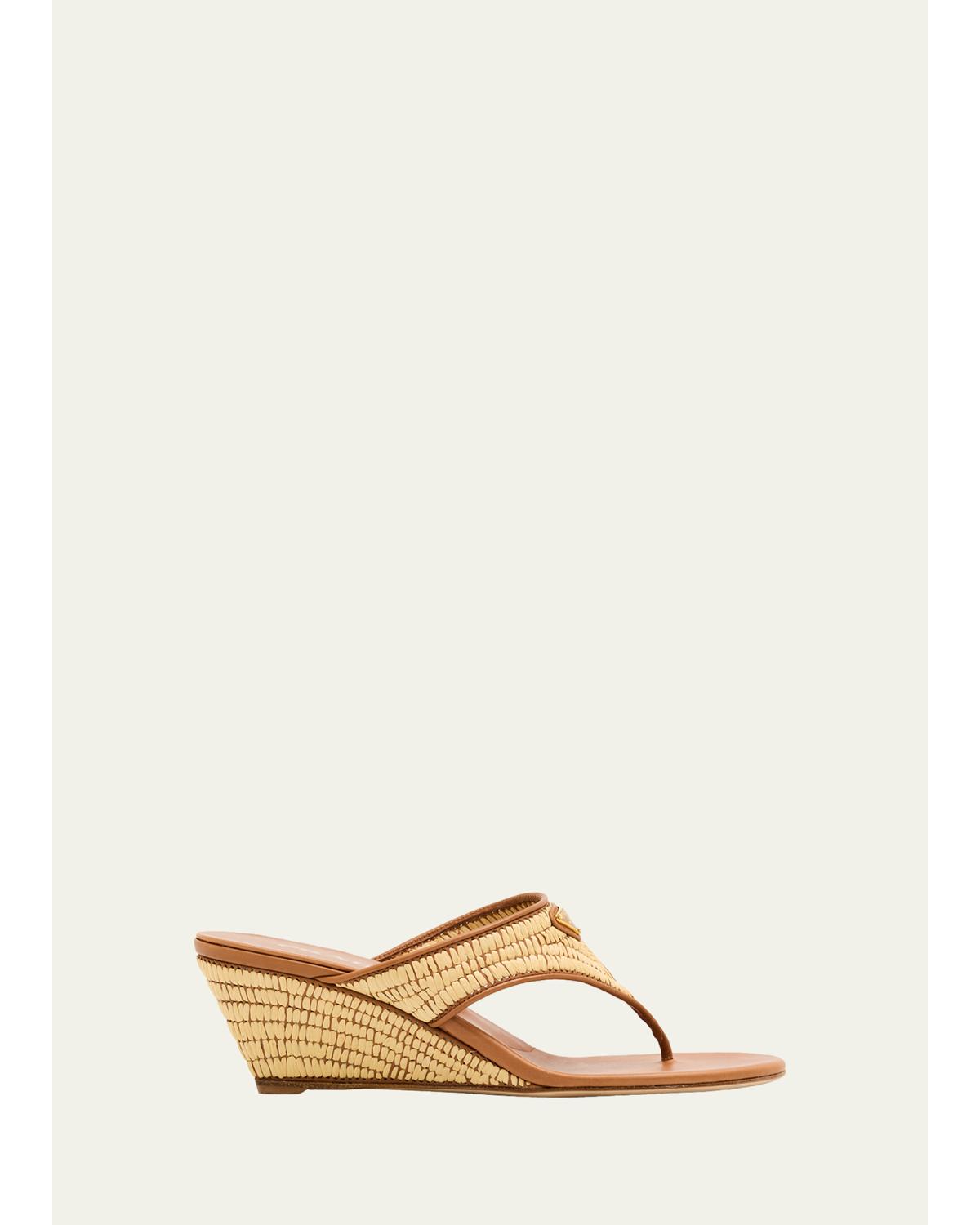 55Mm Triangle Logo Raffia And Leather Thong Sandals