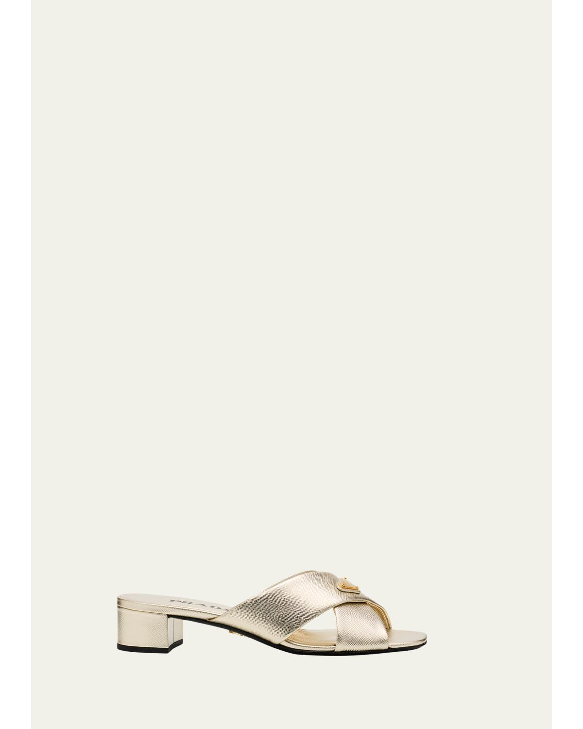 35Mm Triangle Logo Metallic Leather Mule Sandals