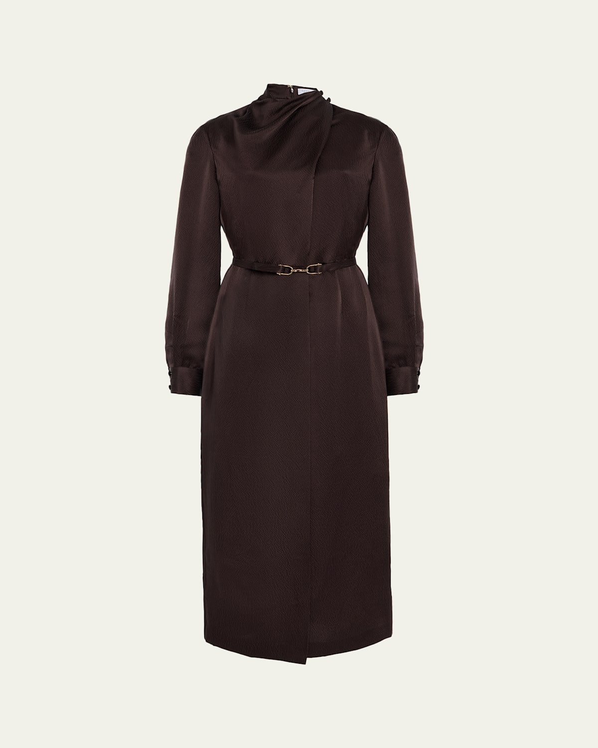 Gabriela Hearst Josef Draped Textured Silk Long-sleeve Midi Dress With Belt In Brown