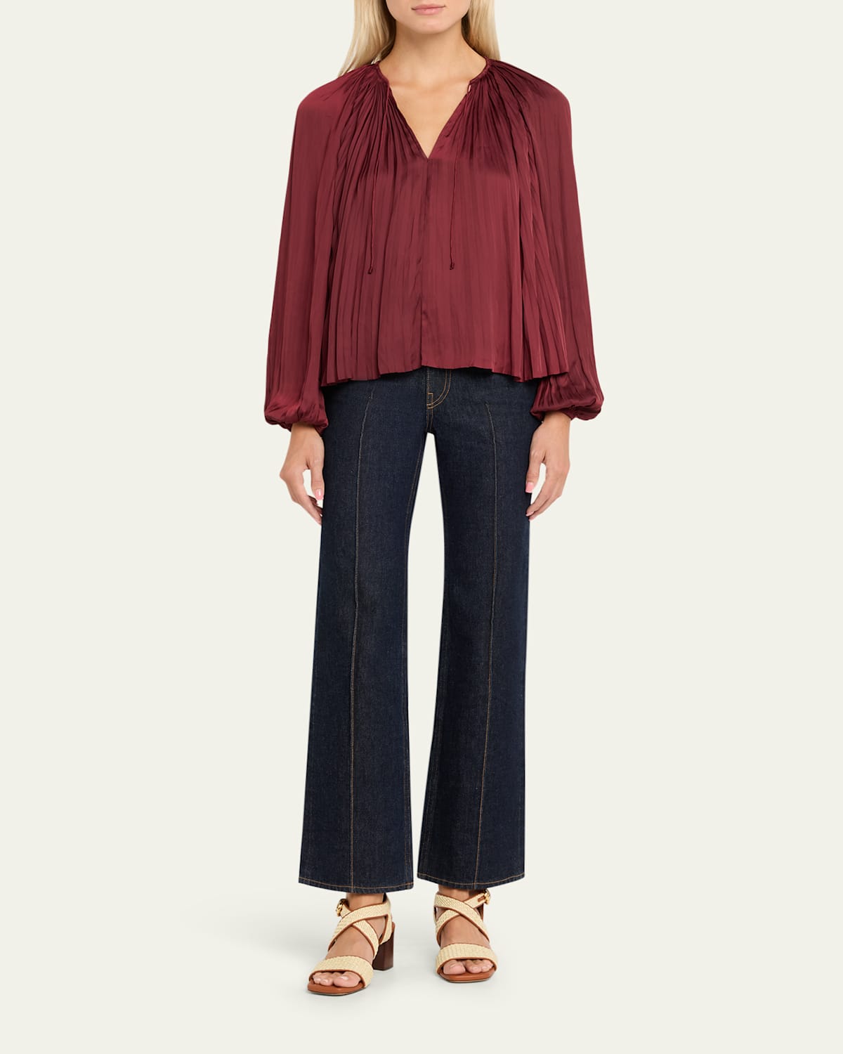 Electra Pleated Satin Peasant Blouse