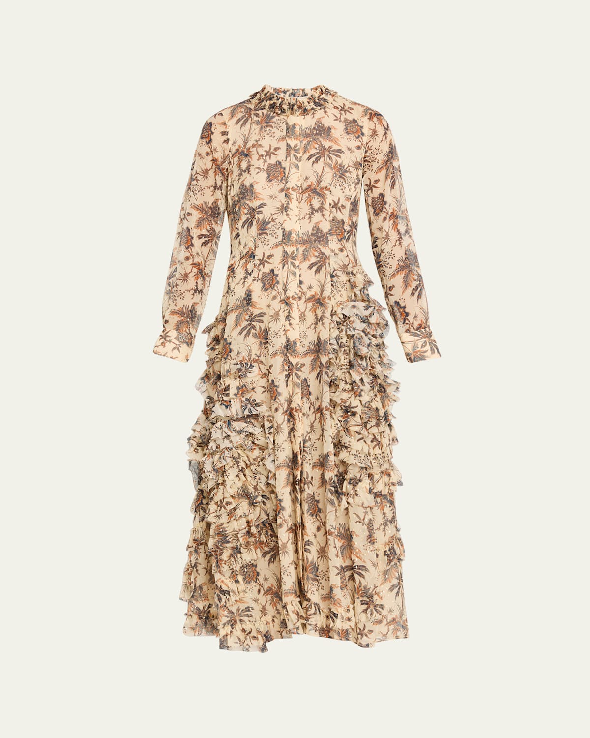 Ulla Johnson Rhea Botanical Metallic Chiffon Shirtdress With Ruffle Skirt In Neutral