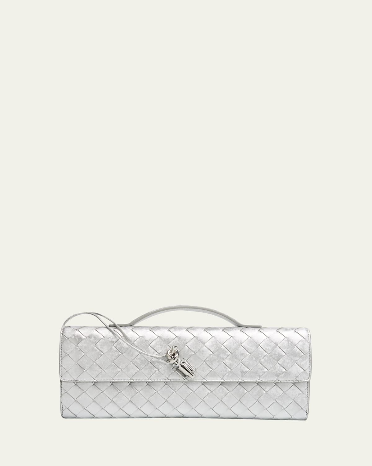 Bottega Veneta Andiamo Laminated Leather Clutch Bag In Silver