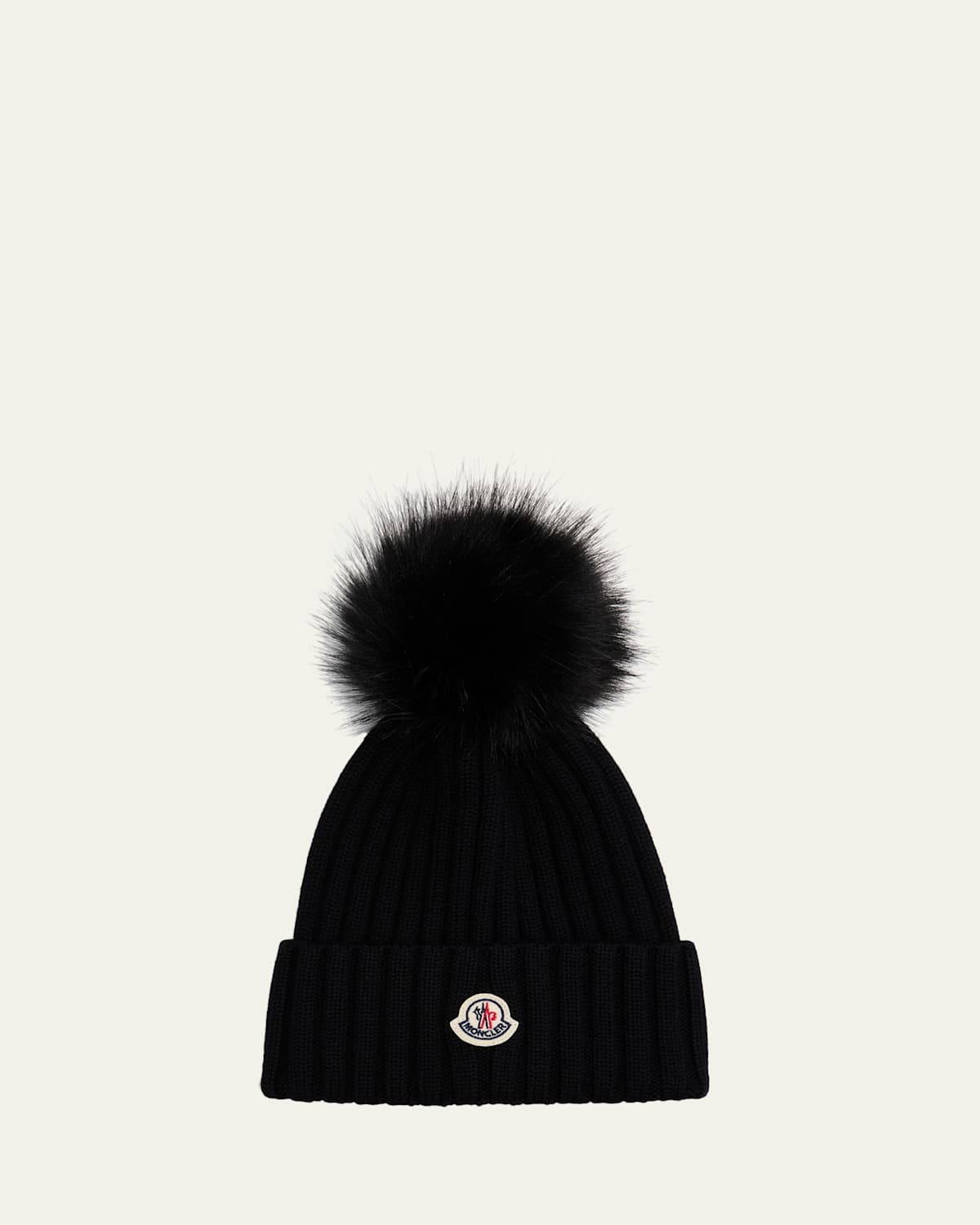 Moncler Ribbed Beanie with Faux Fur Pom