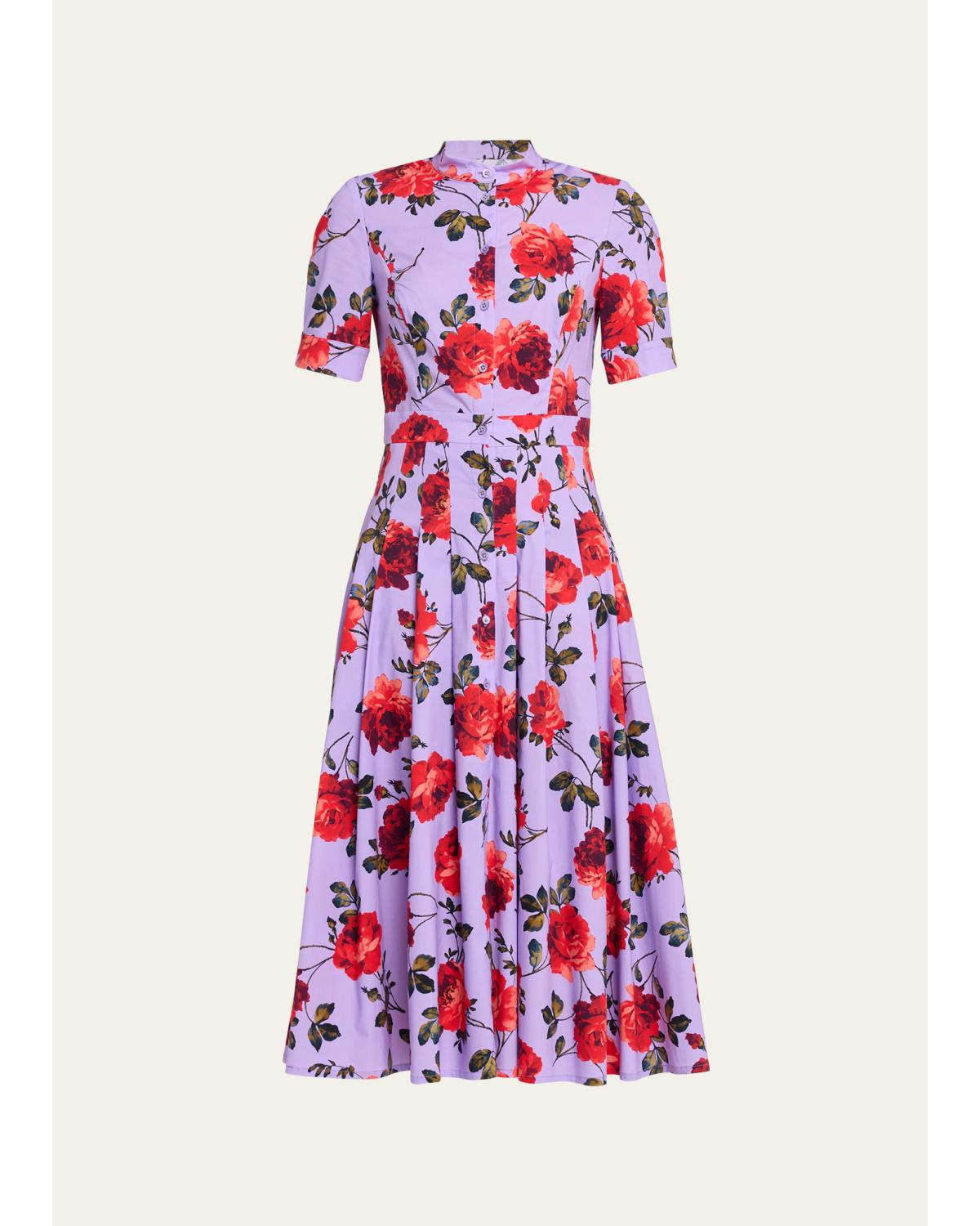 Carnation-Print Short-Sleeve Pleated Midi Shirtdress