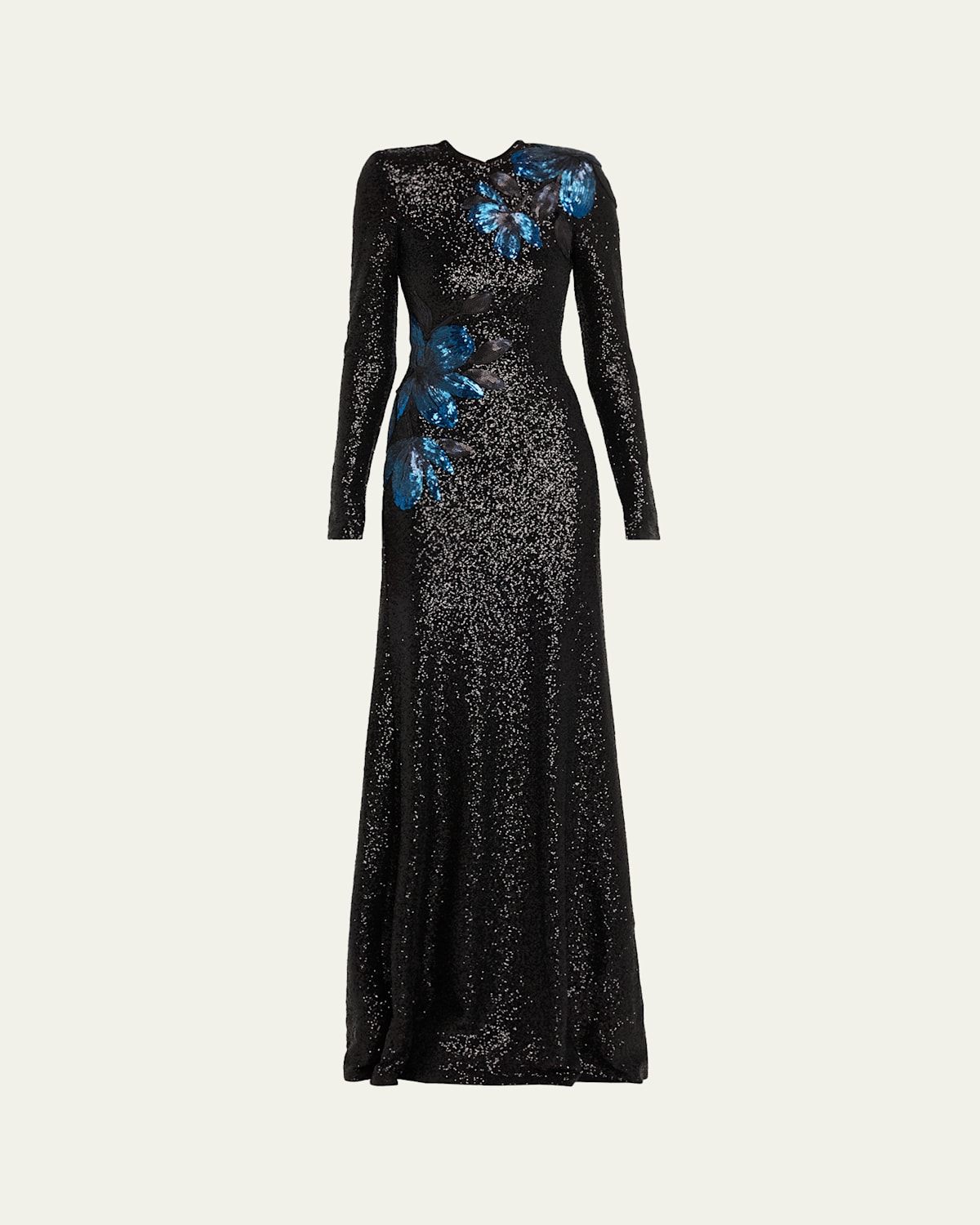 Naeem Khan Long-sleeve Floral Stretch Sequined Gown In Black